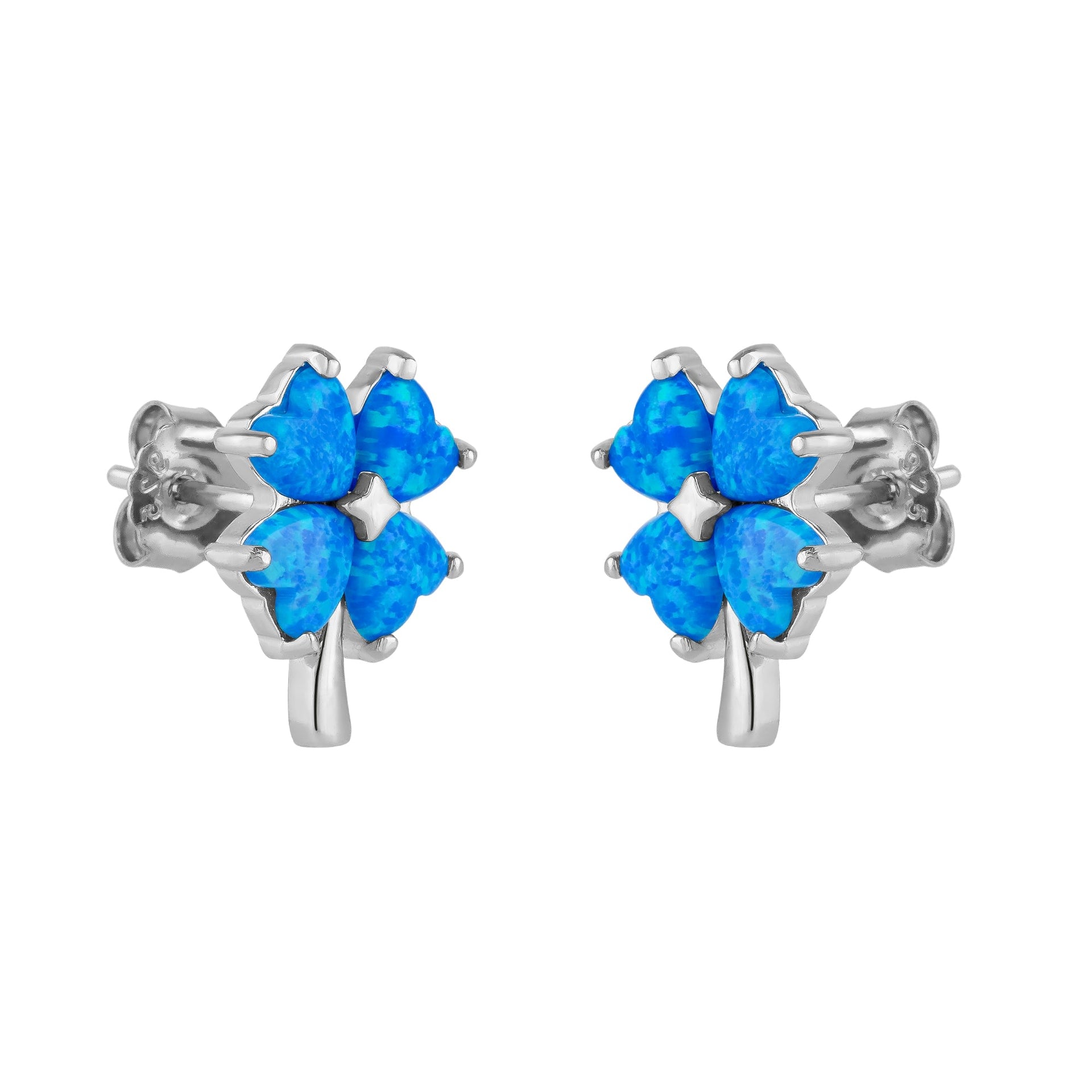 Blue Opal Four Leaves Clover Sterling Silver Stud Earring - Silver