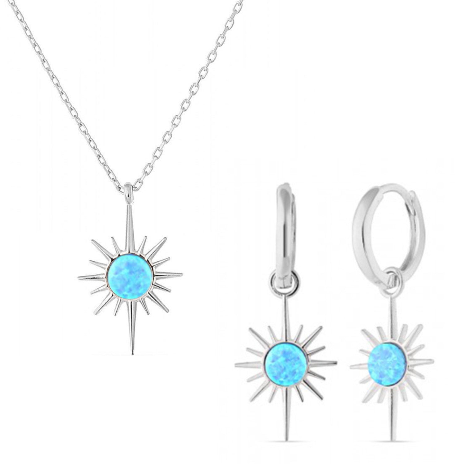 Blue Opal Northernstar Drop Hoop Earring & Necklace Set In Sterling Silver - Silver