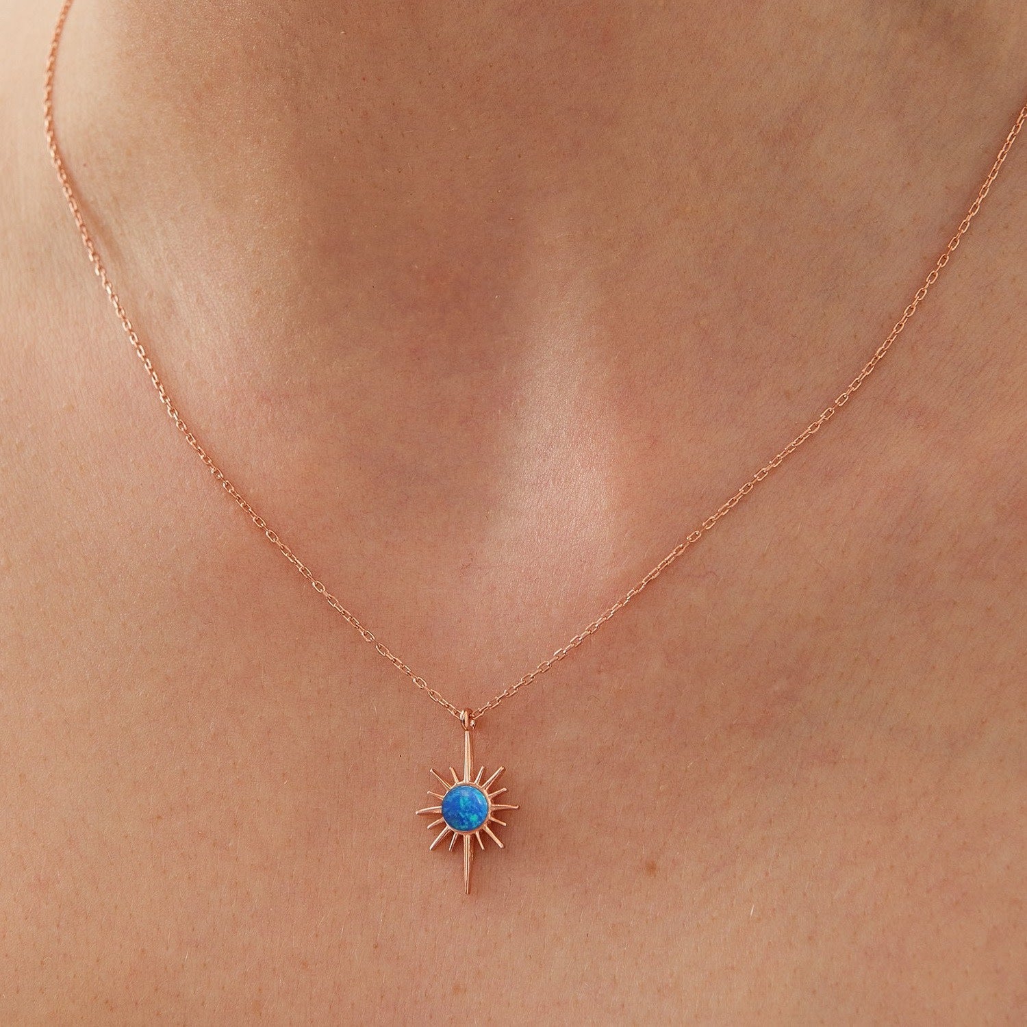 Blue Opal Northernstar Sterling Silver Pendant Necklace - Rose Gold