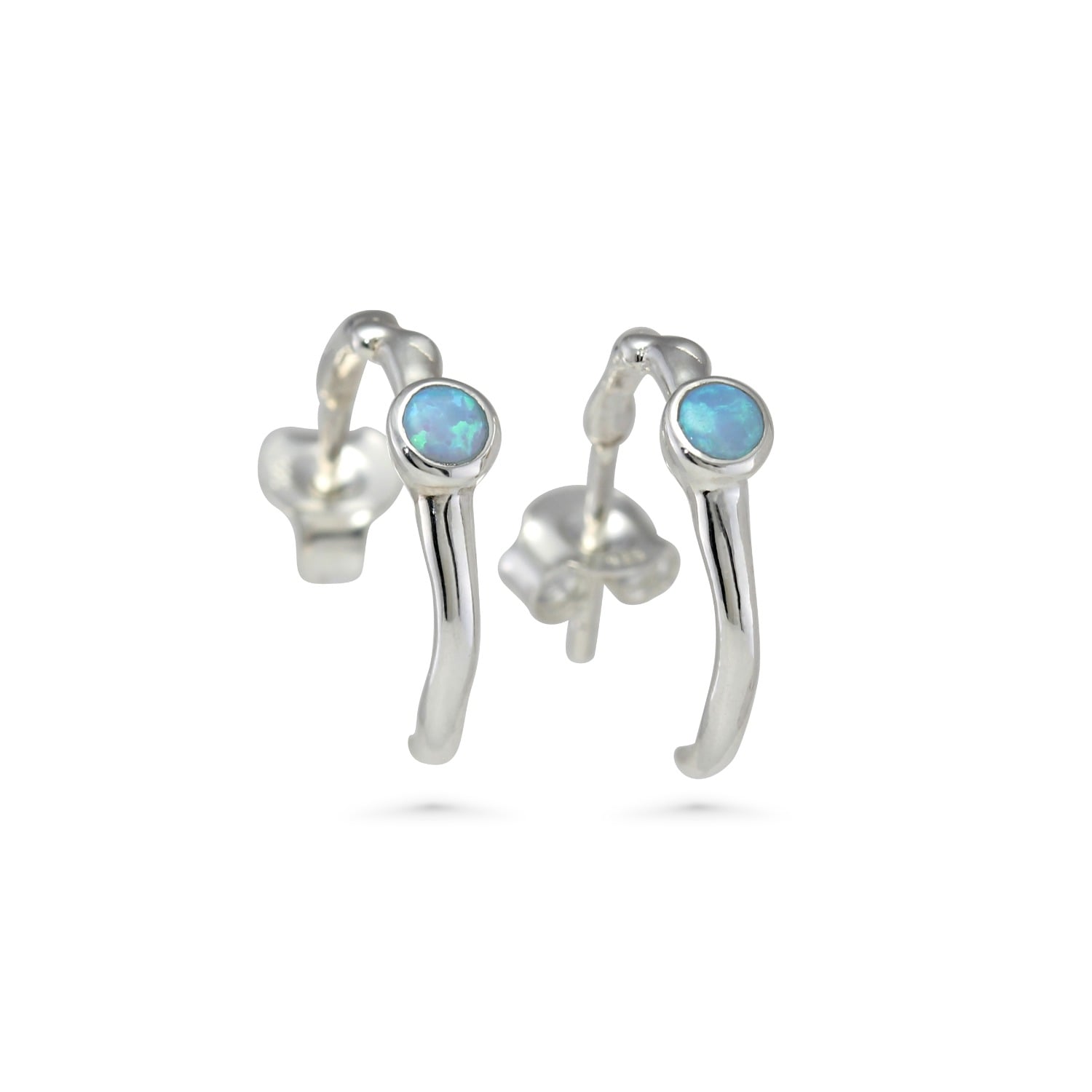 Blue Opal Silver Huggie Hoop Earrings