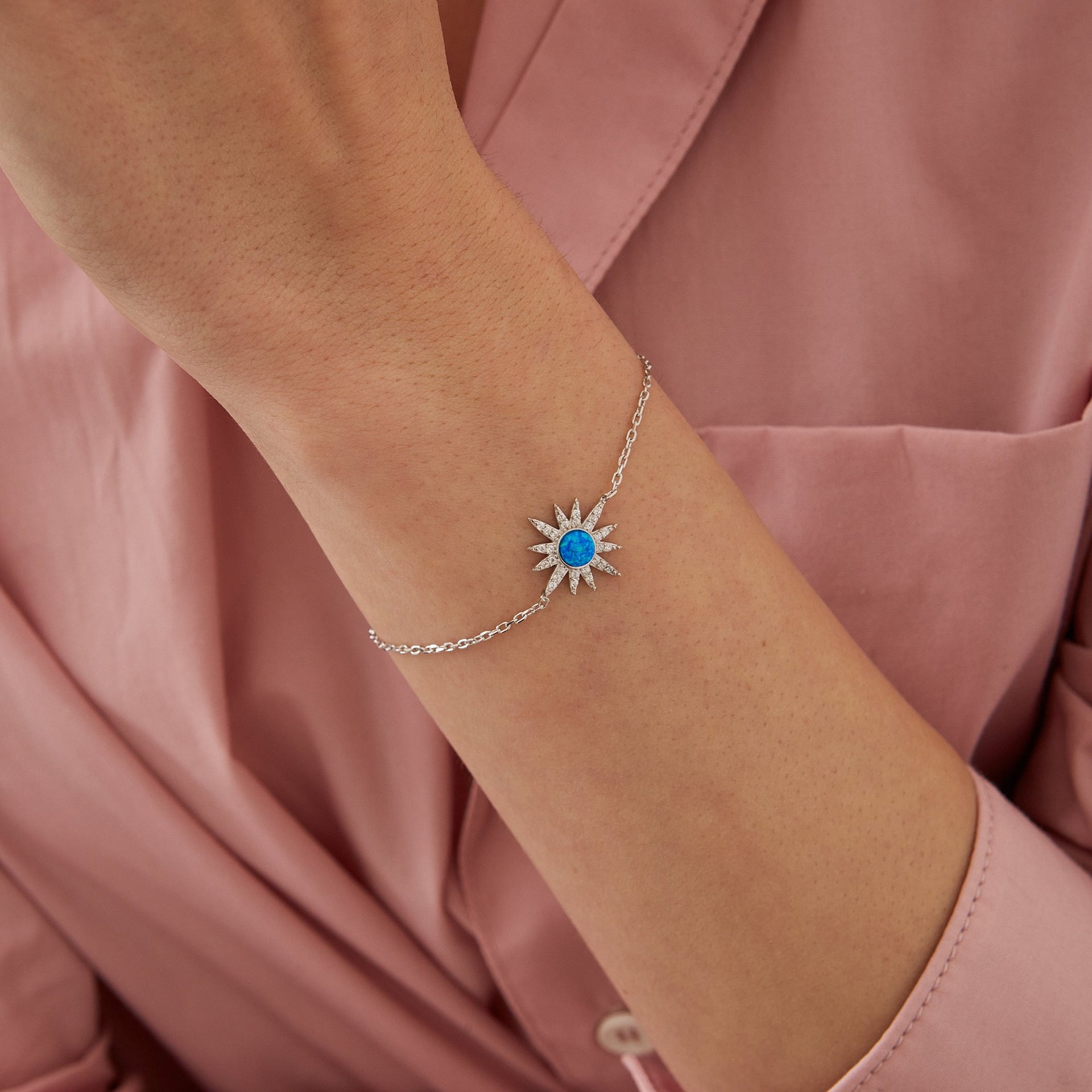 Blue Opal Sun Sterling Silver Bracelet - Silver