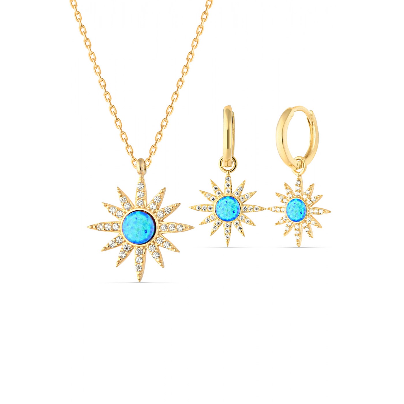 Blue Opal Sun Sterling Silver Necklace & Earring Set - Gold