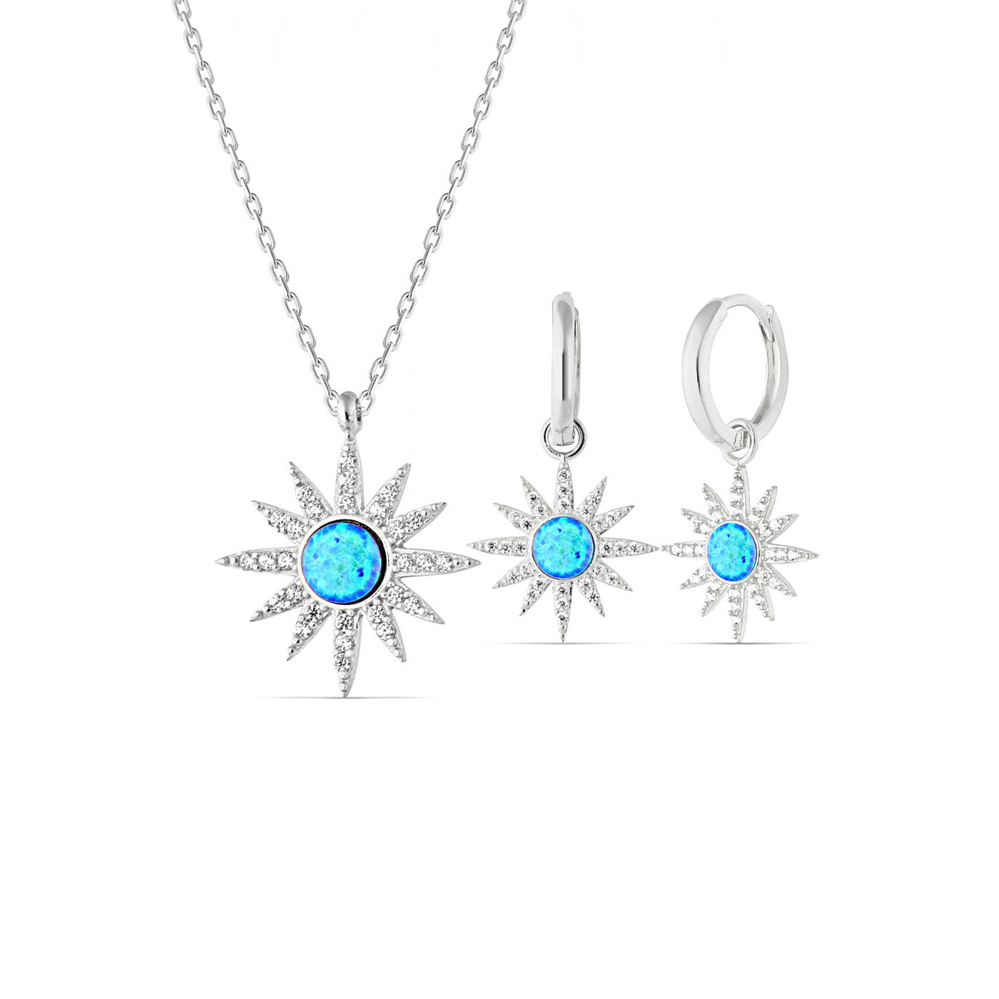 Blue Opal Sun Sterling Silver Necklace & Earring Set - Silver
