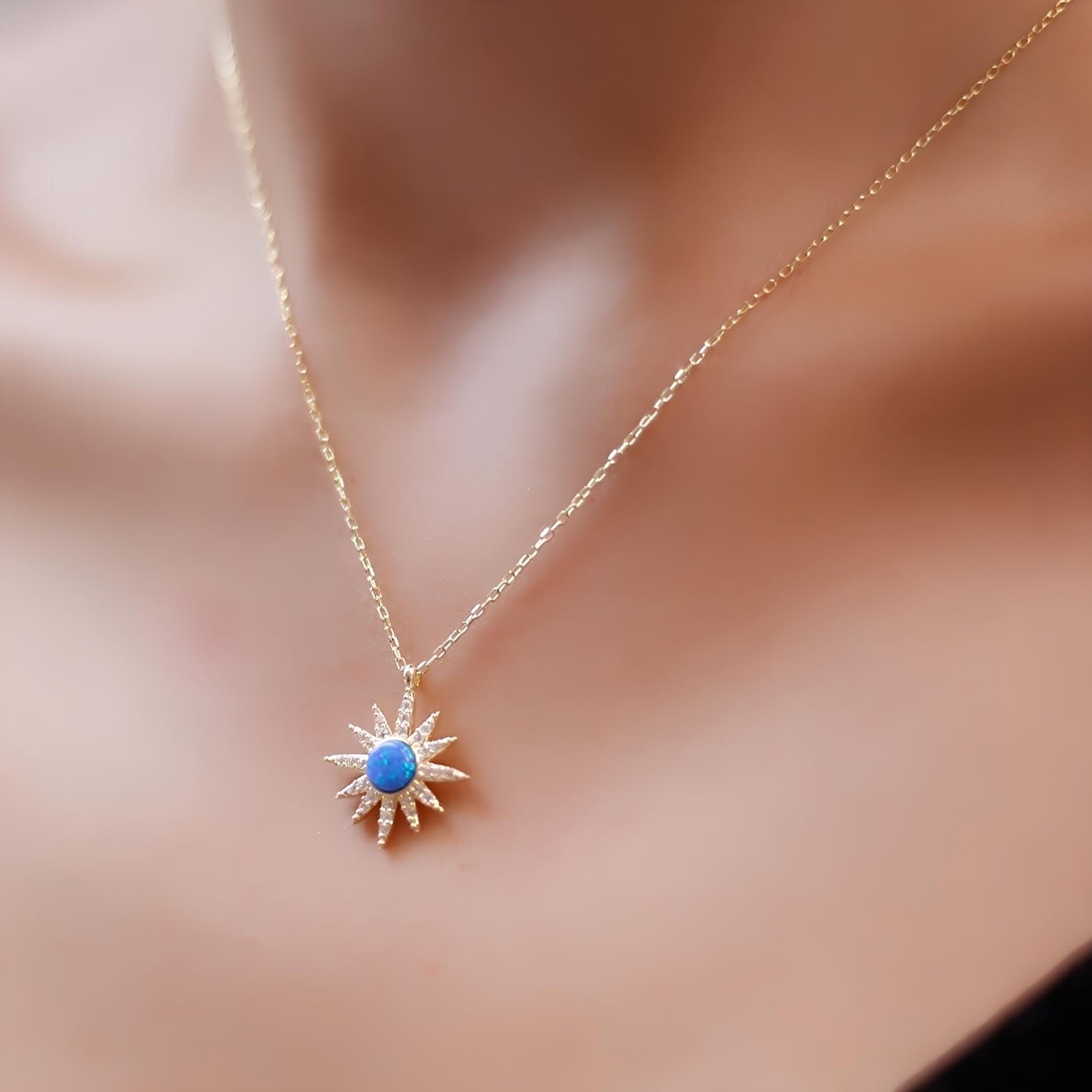 Blue Opal Sun Sterling Silver Necklace - Gold