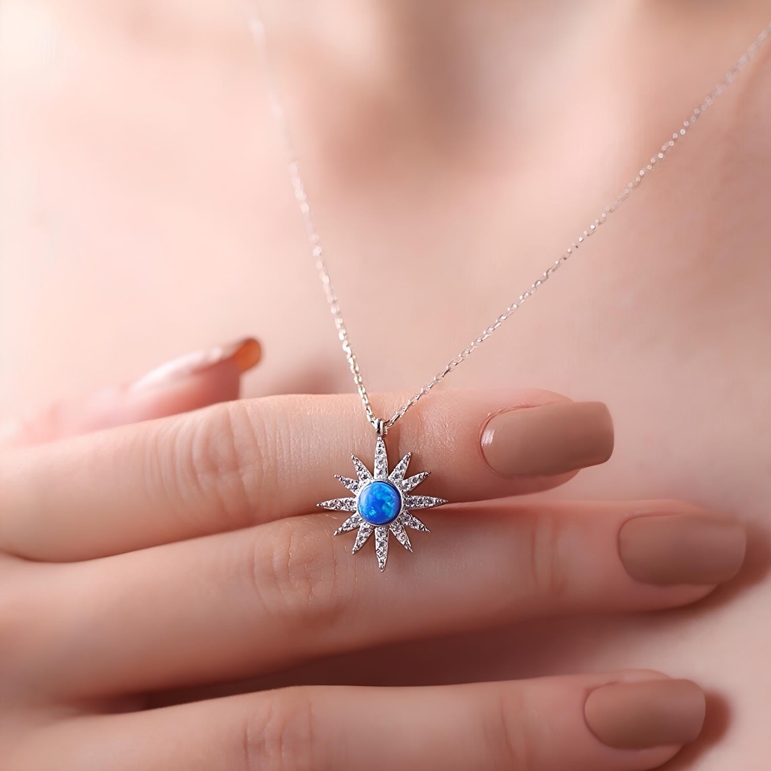 Blue Opal Sun Sterling Silver Necklace - Silver