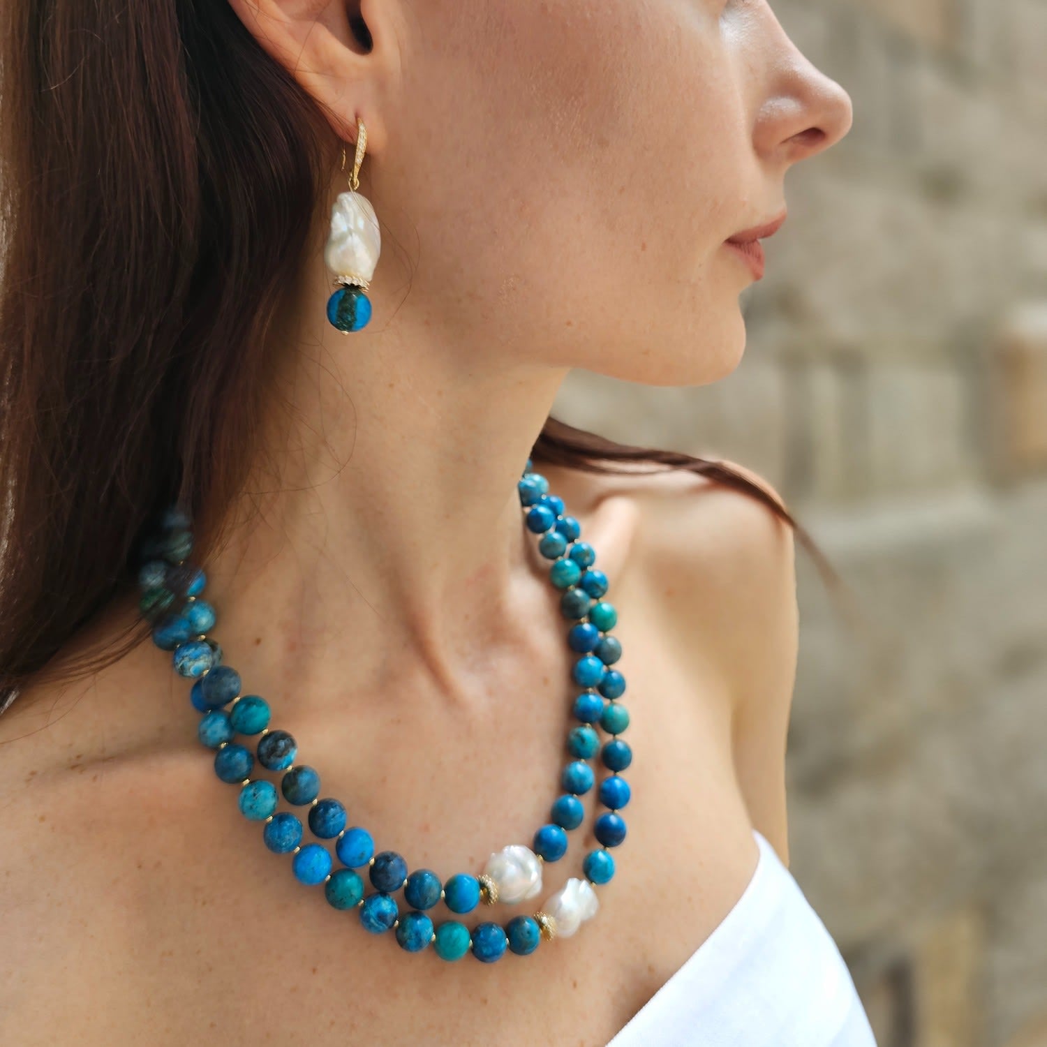 Blue Opal With Baroque Pearls Double Layers Necklace