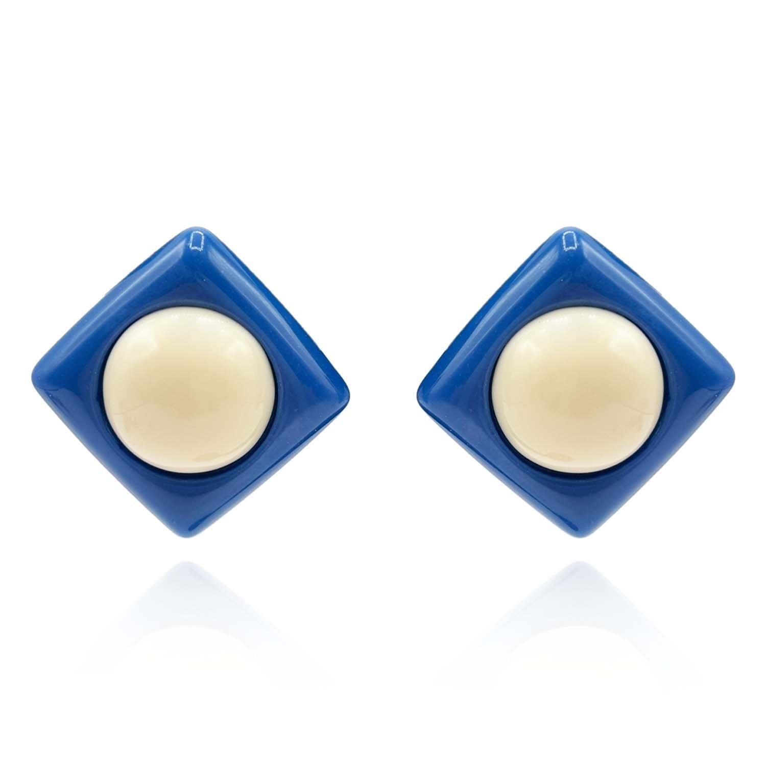 Blue Resin Square Clip On Earrings With Ivory Dome Center