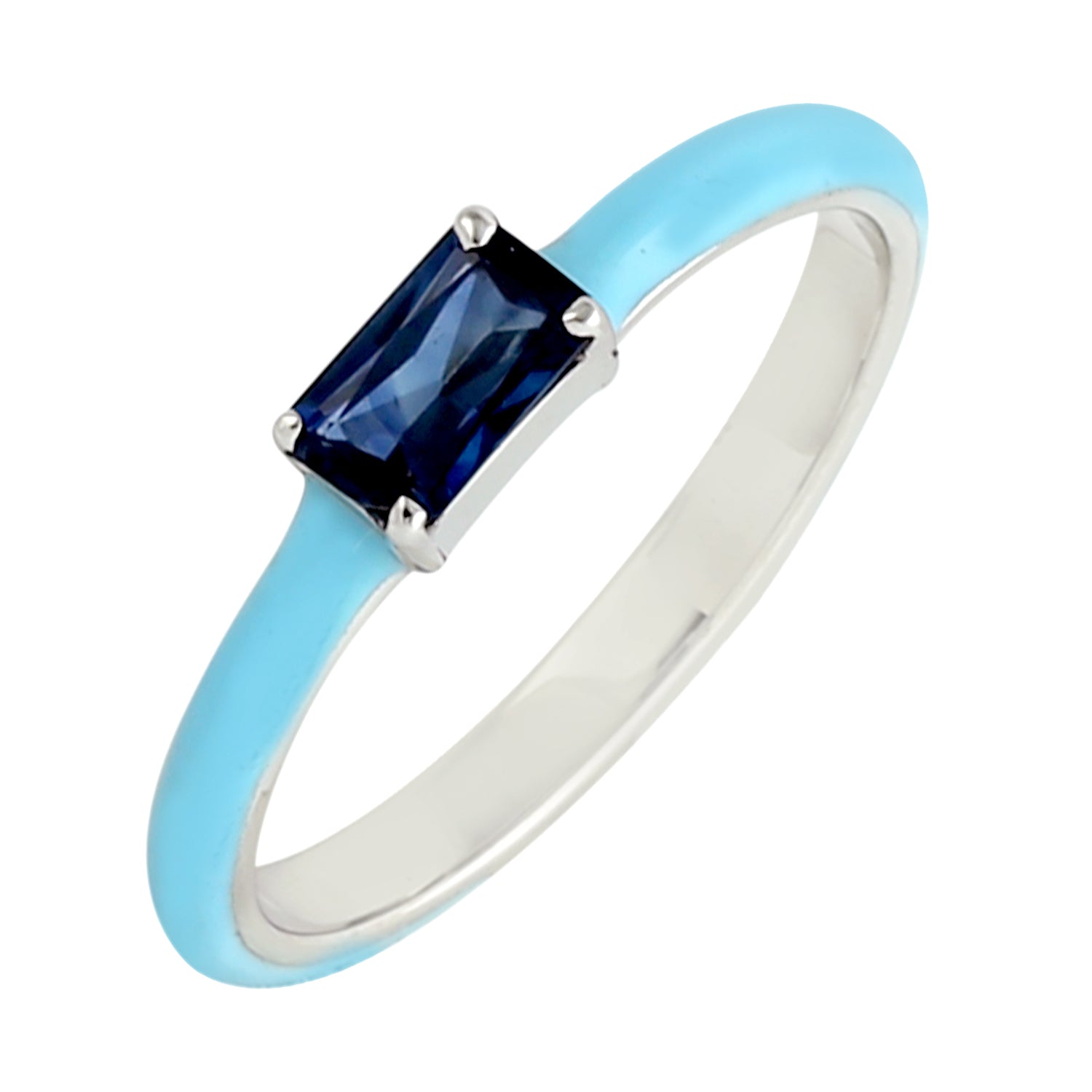 Blue Sapphire 18k White Gold Baguette Enamel Band Ring