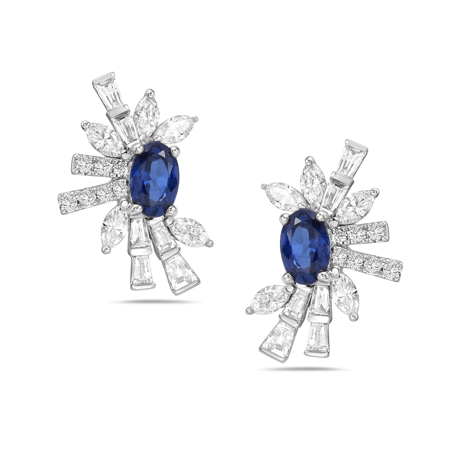 Blue Sapphire & Baguette Diamond Cluster Stud Earrings In 18K White Gold