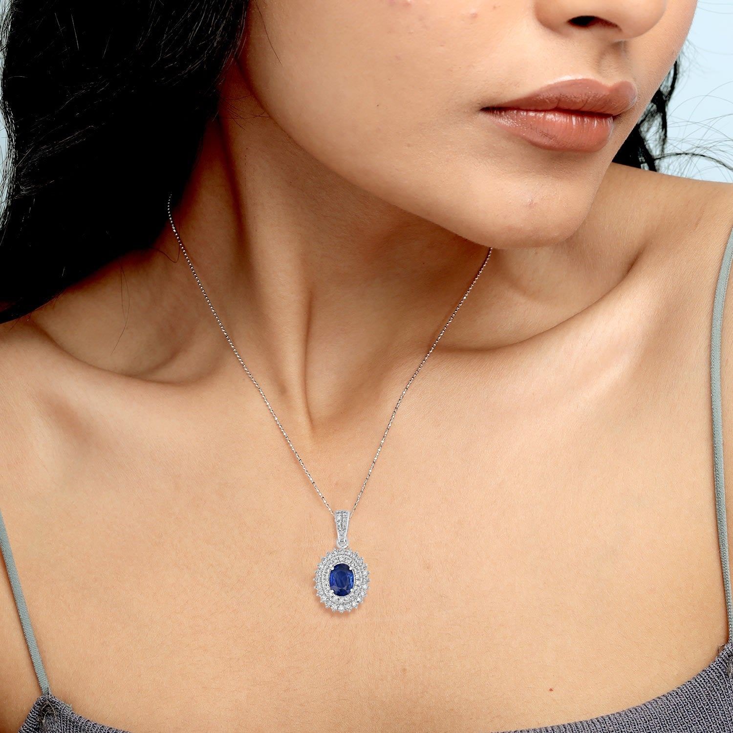 Blue Sapphire & Diamond Designer Oval Pendant In White Gold