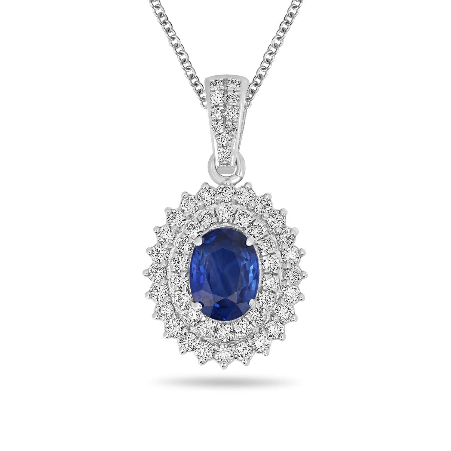 Blue Sapphire & Diamond Designer Oval Pendant In White Gold