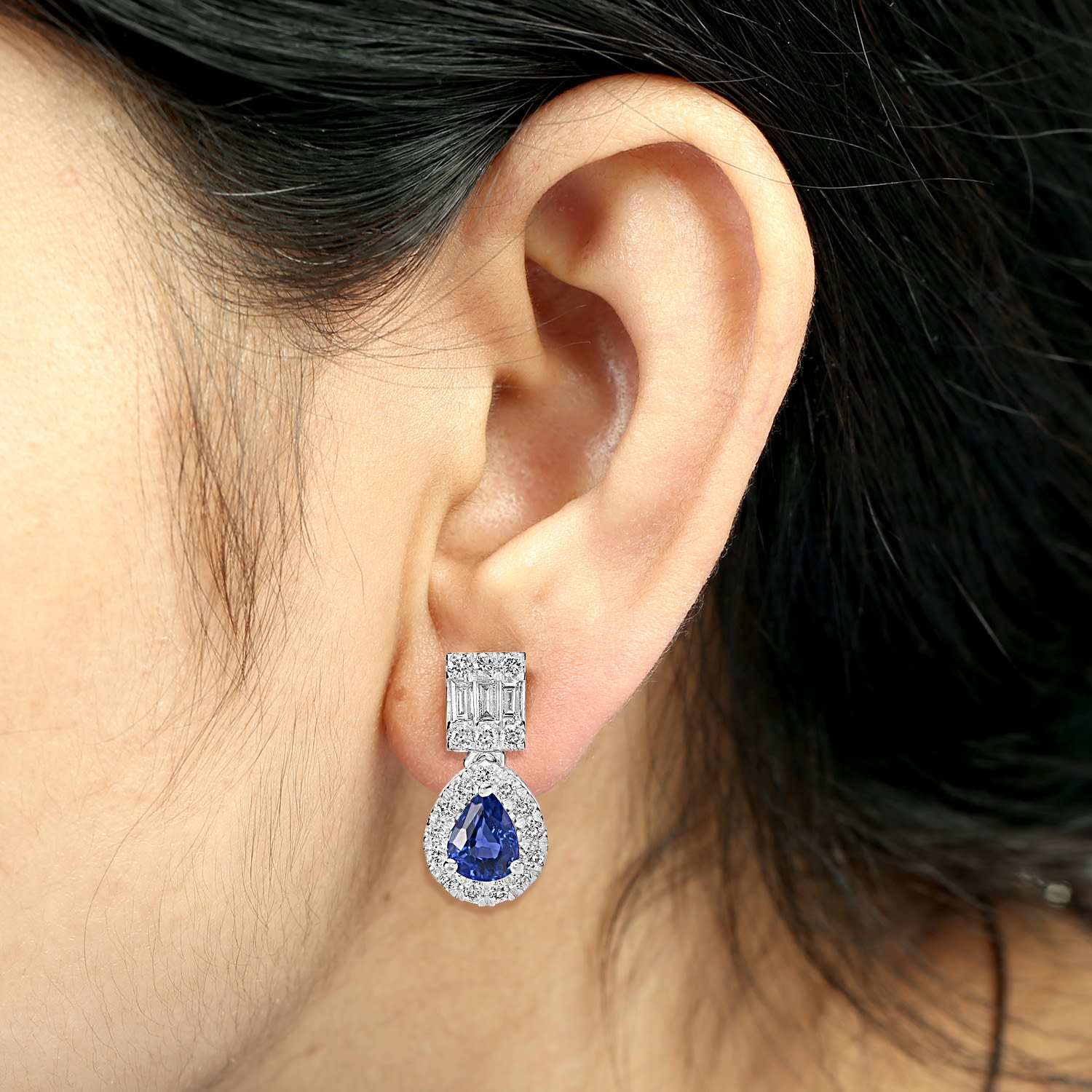 Blue Sapphire & Diamond Drop Dangle Earrings In White Gold
