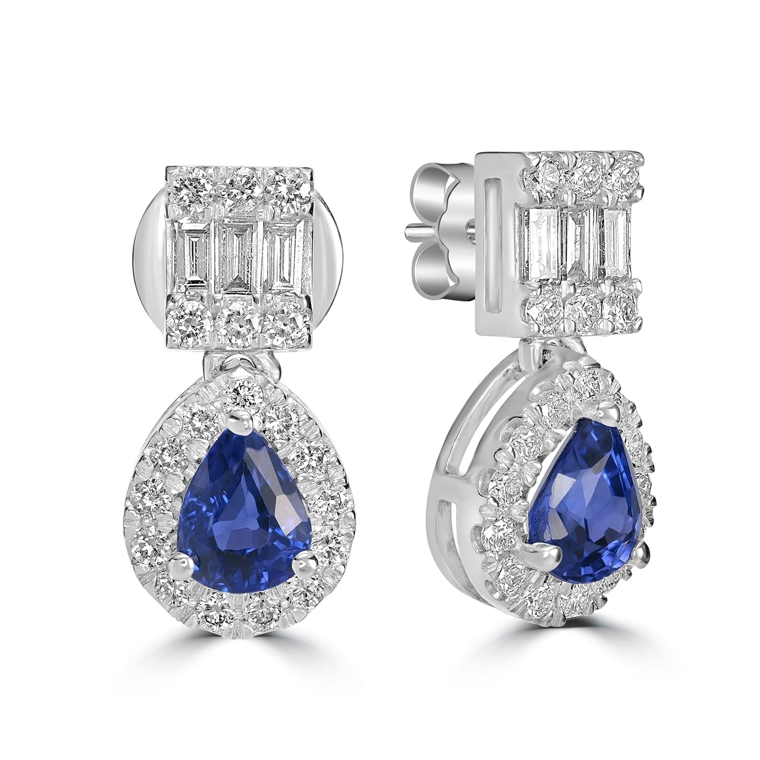 Blue Sapphire & Diamond Drop Dangle Earrings In White Gold