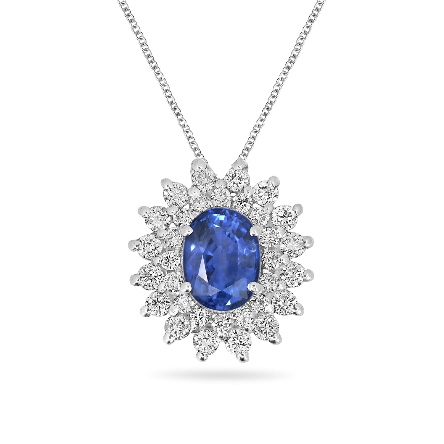 Blue Sapphire & Diamond Oval Pendant In White Gold