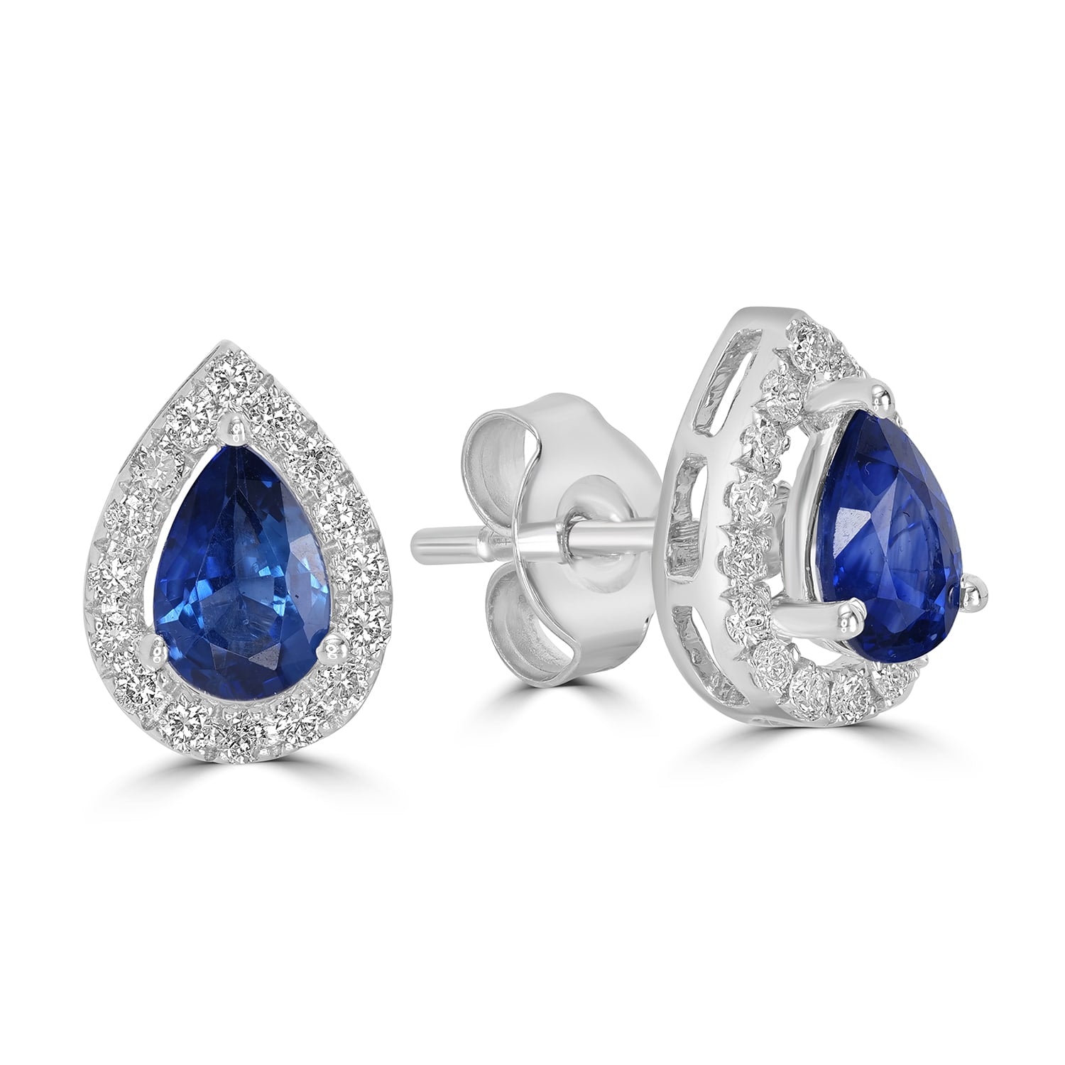 Pear Cut Sapphire & Diamond Halo Stud Earrings In 18K White Gold