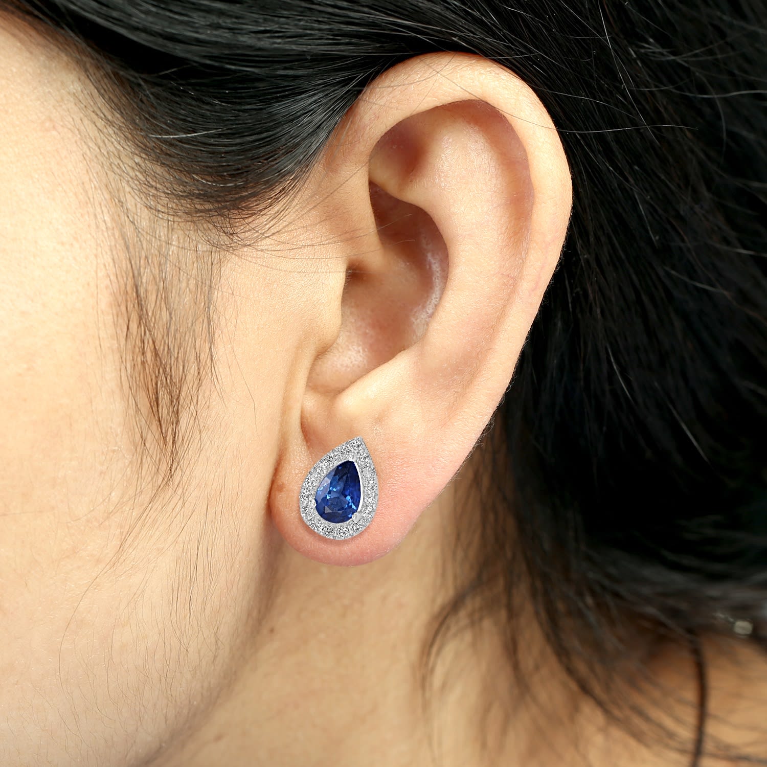 Pear Cut Sapphire & Diamond Halo Stud Earrings In 18K White Gold
