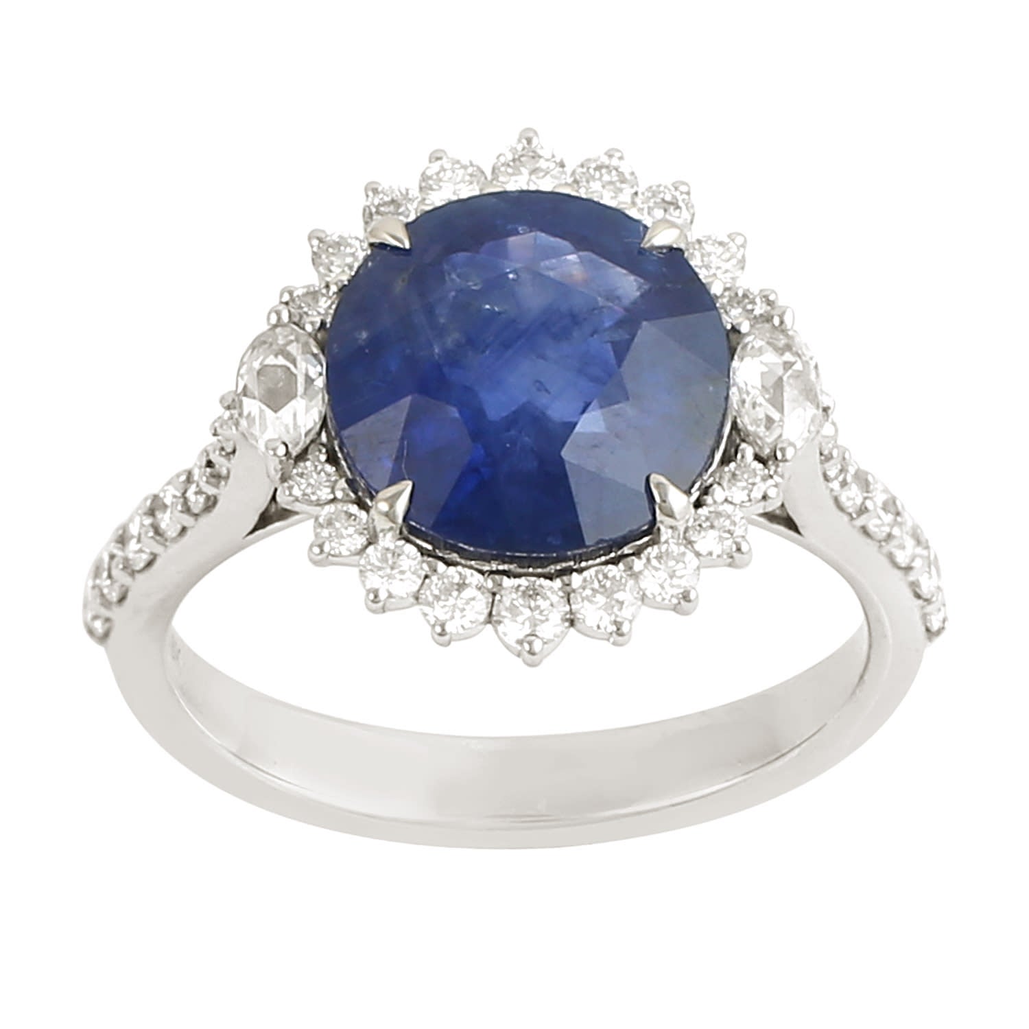Blue Sapphire & Diamond Solitaire Ring In 18K White Gold