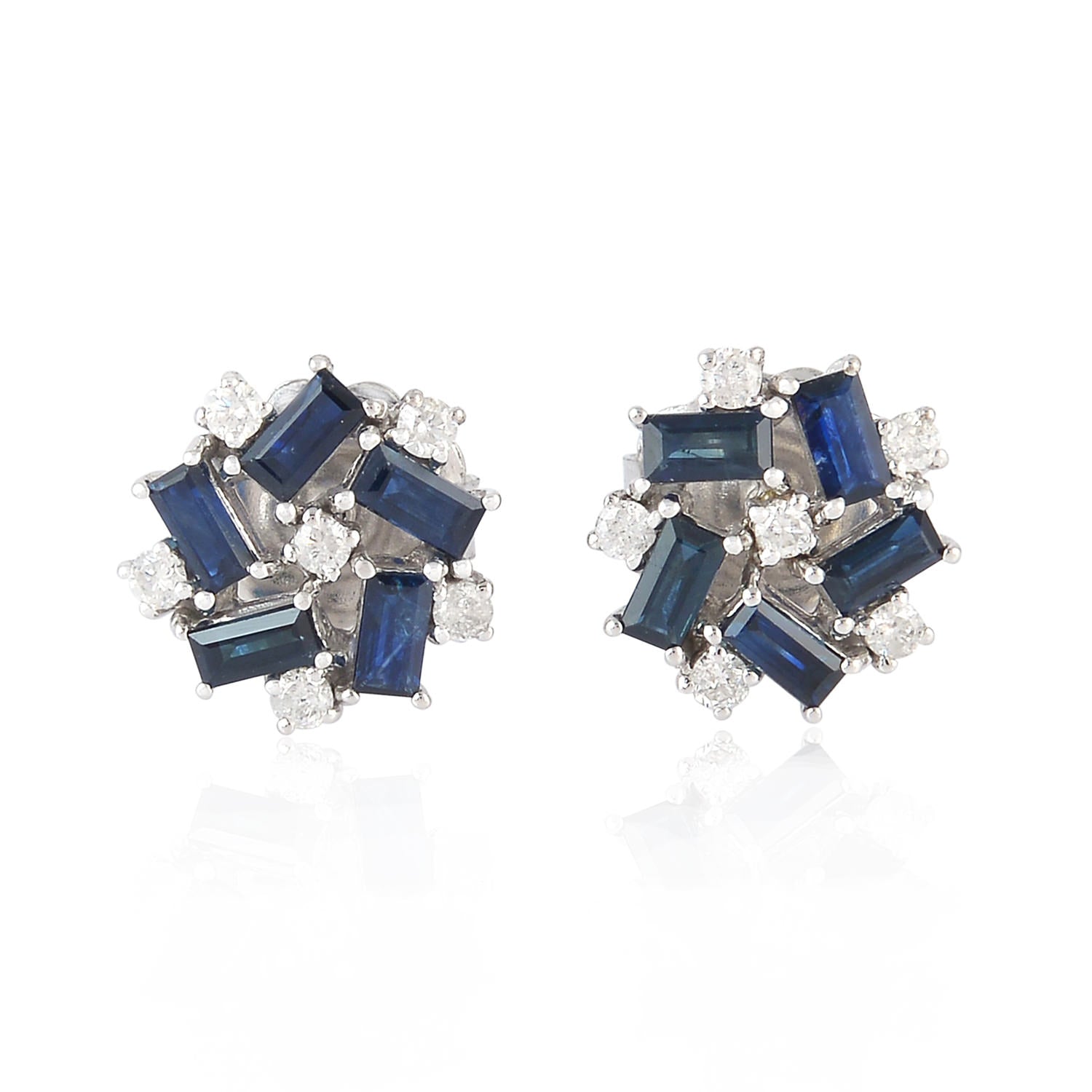 Blue Sapphire & Diamond Stud Earrings In White Gold – Baguette Cut Designer Jewelry
