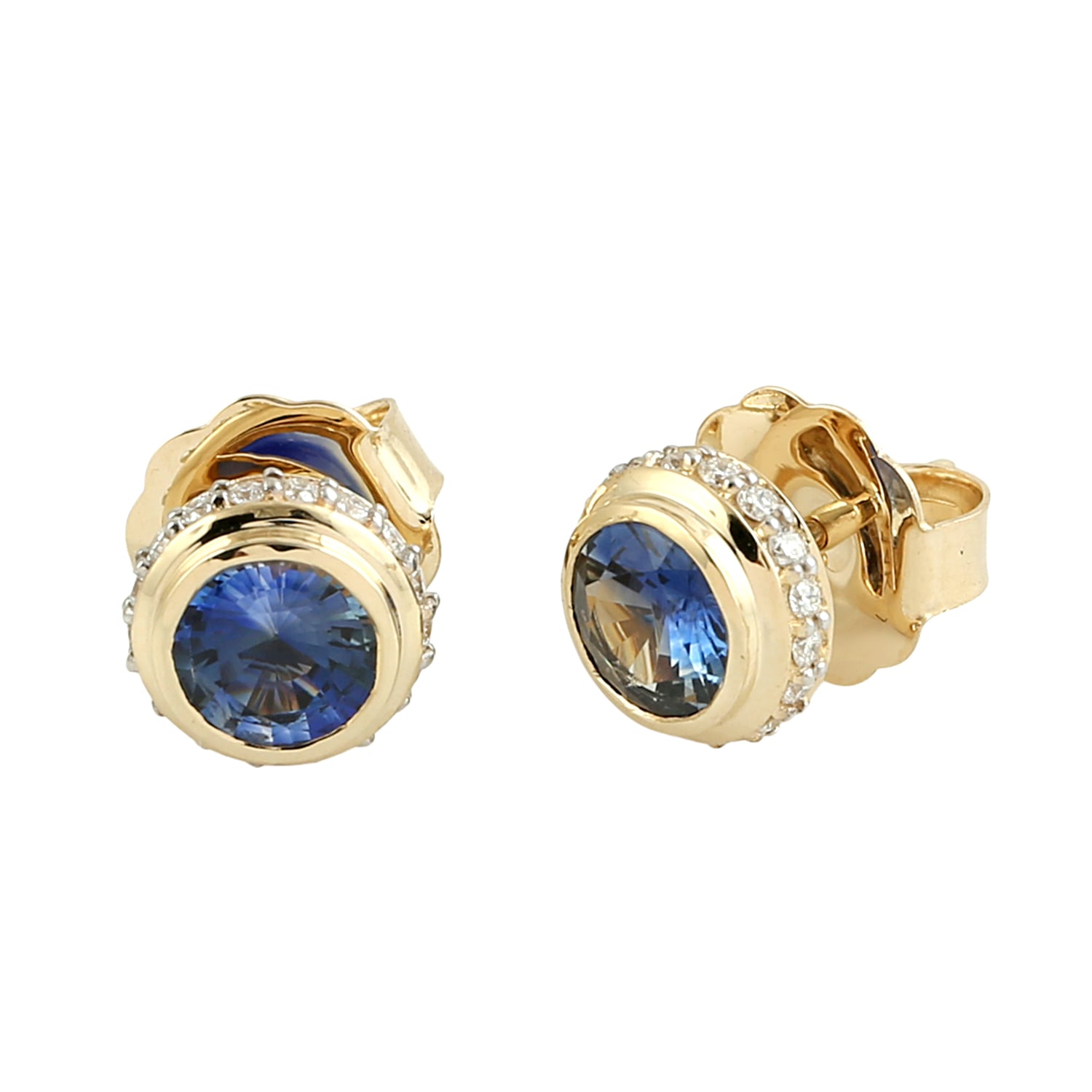 Round Blue Sapphire & Diamond Stud Earrings In Yellow Gold