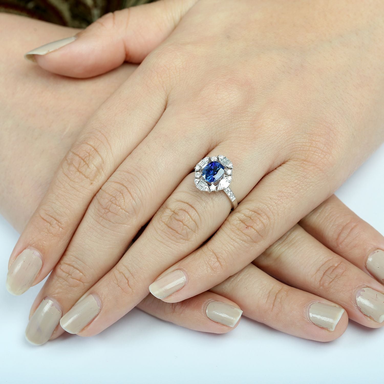 Blue Sapphire Gemstone & Baguette Diamond Cocktail Ring In White Gold