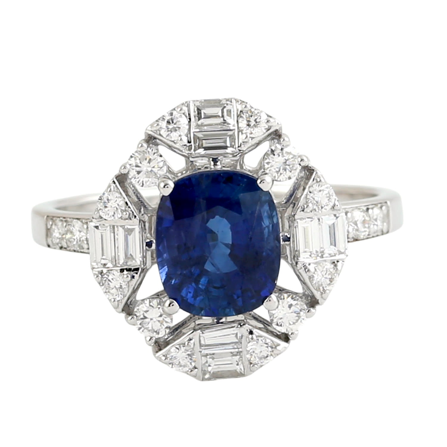 Blue Sapphire Gemstone & Baguette Diamond Cocktail Ring In White Gold