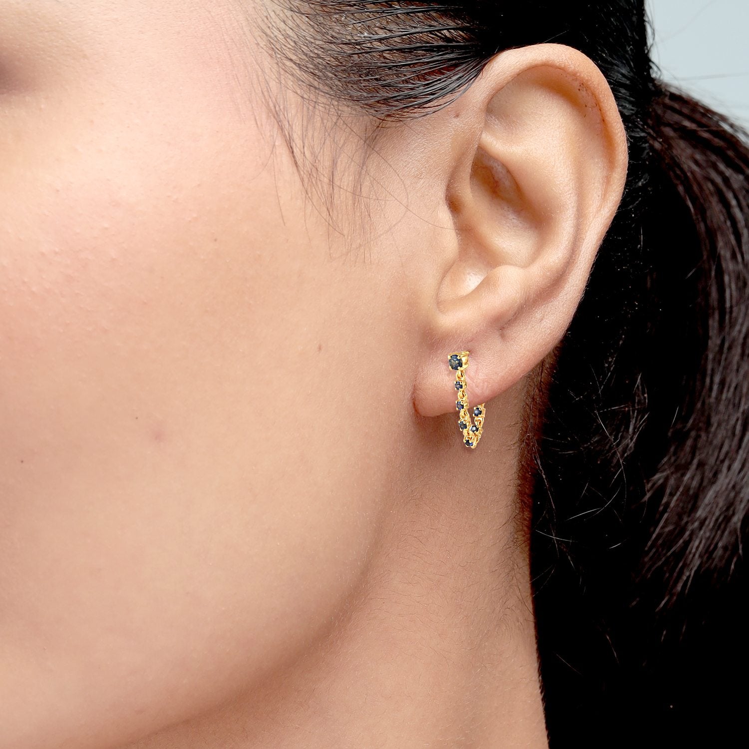 Blue Sapphire Gemstone Chain Dangle Earrings In 14K Yellow Gold