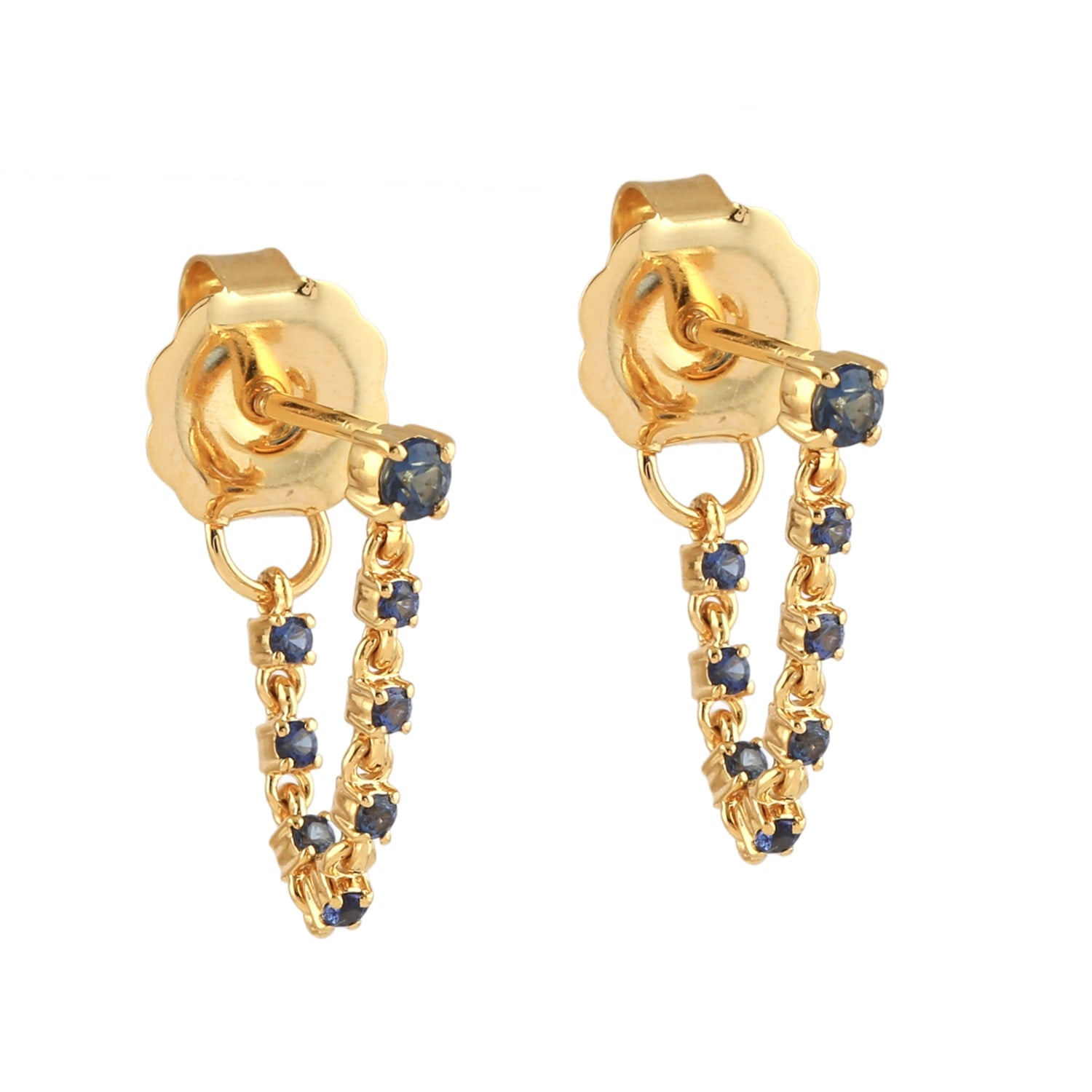 Blue Sapphire Gemstone Chain Dangle Earrings In 14K Yellow Gold