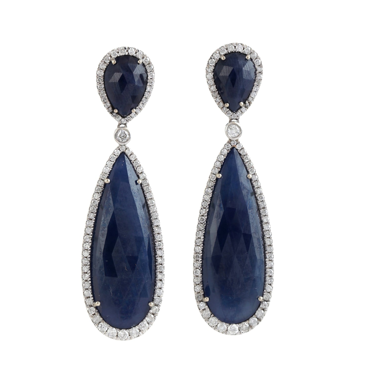 Blue Sapphire Gemstone & Diamond Dangle Earrings In White Gold