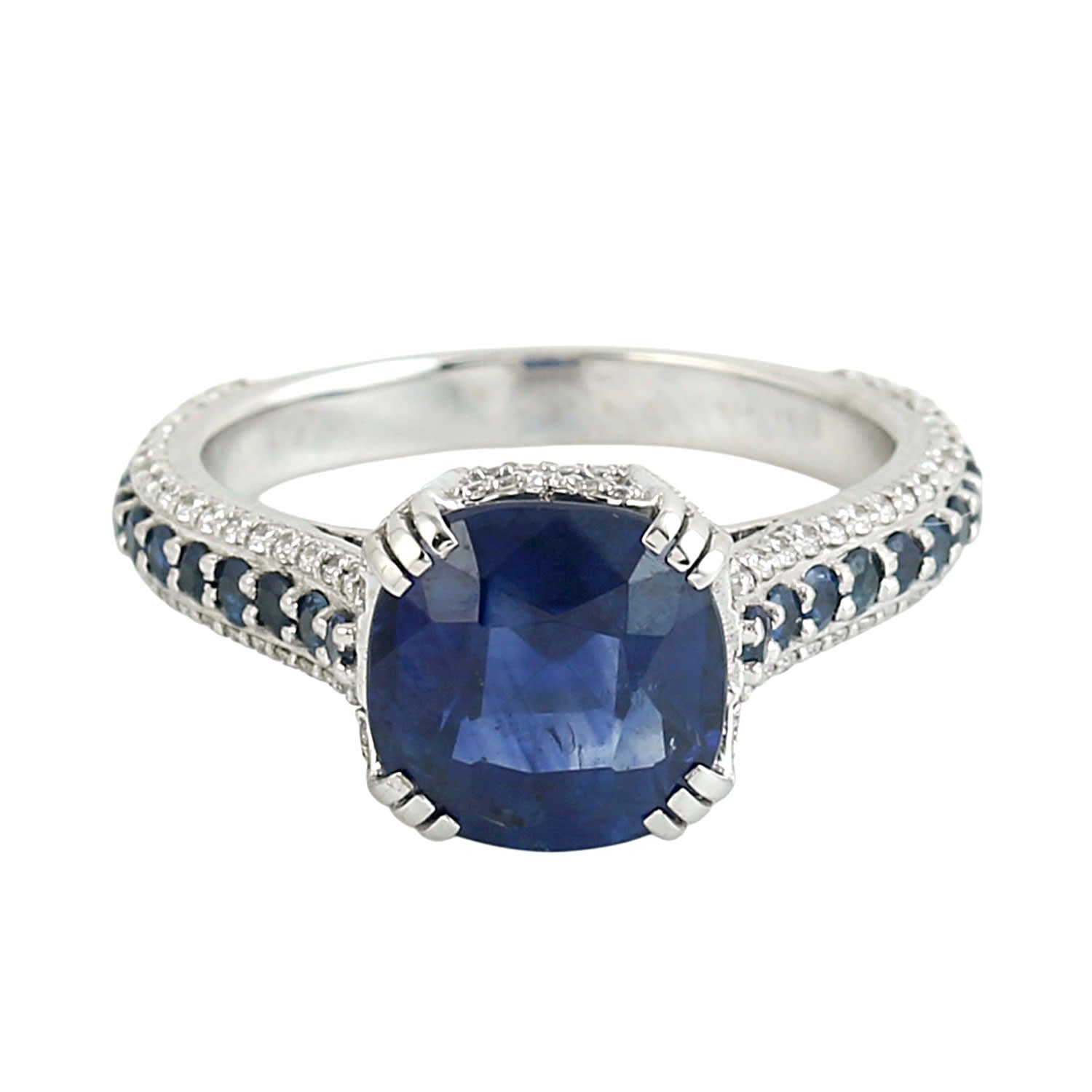 Blue Sapphire Gemstone & Pave Diamond Band Ring In 18K White Gold