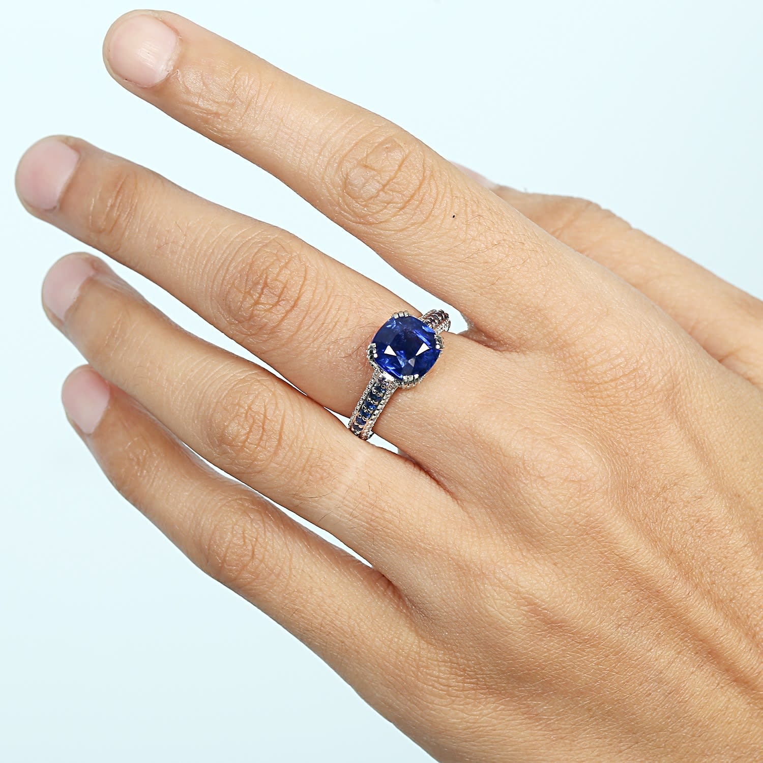 Blue Sapphire Gemstone & Pave Diamond Band Ring In 18K White Gold