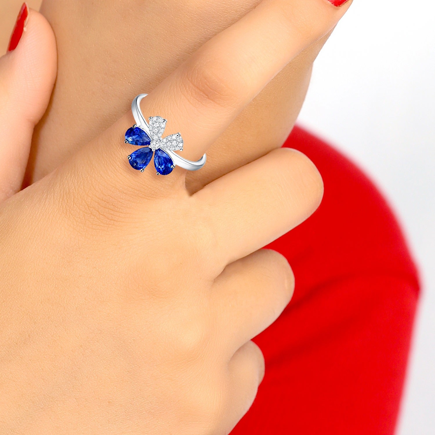 Blue Sapphire Gemstone Pave Diamond Cocktail Ring In White Gold