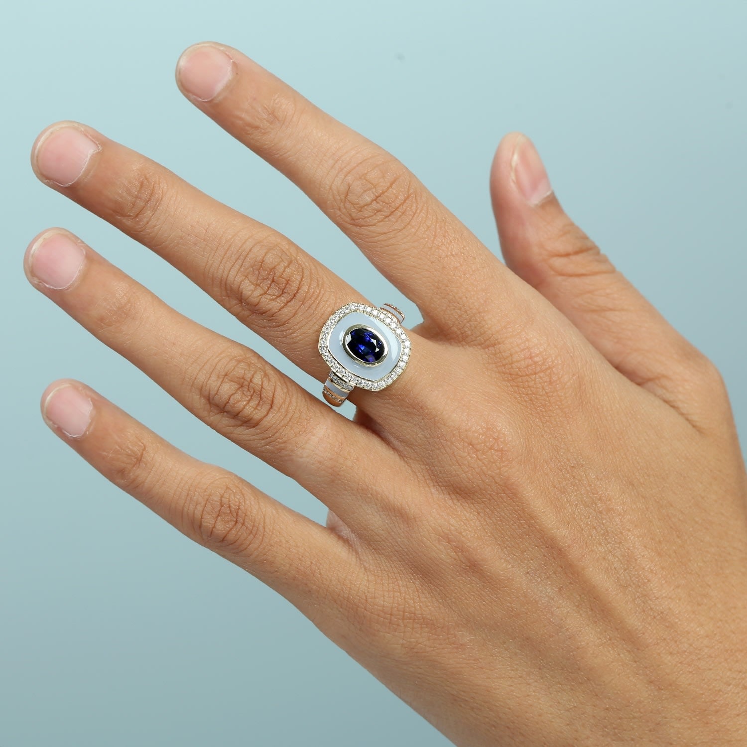 Blue Sapphire Gemstone Pave Diamond Enamel Cocktail Ring In Gold