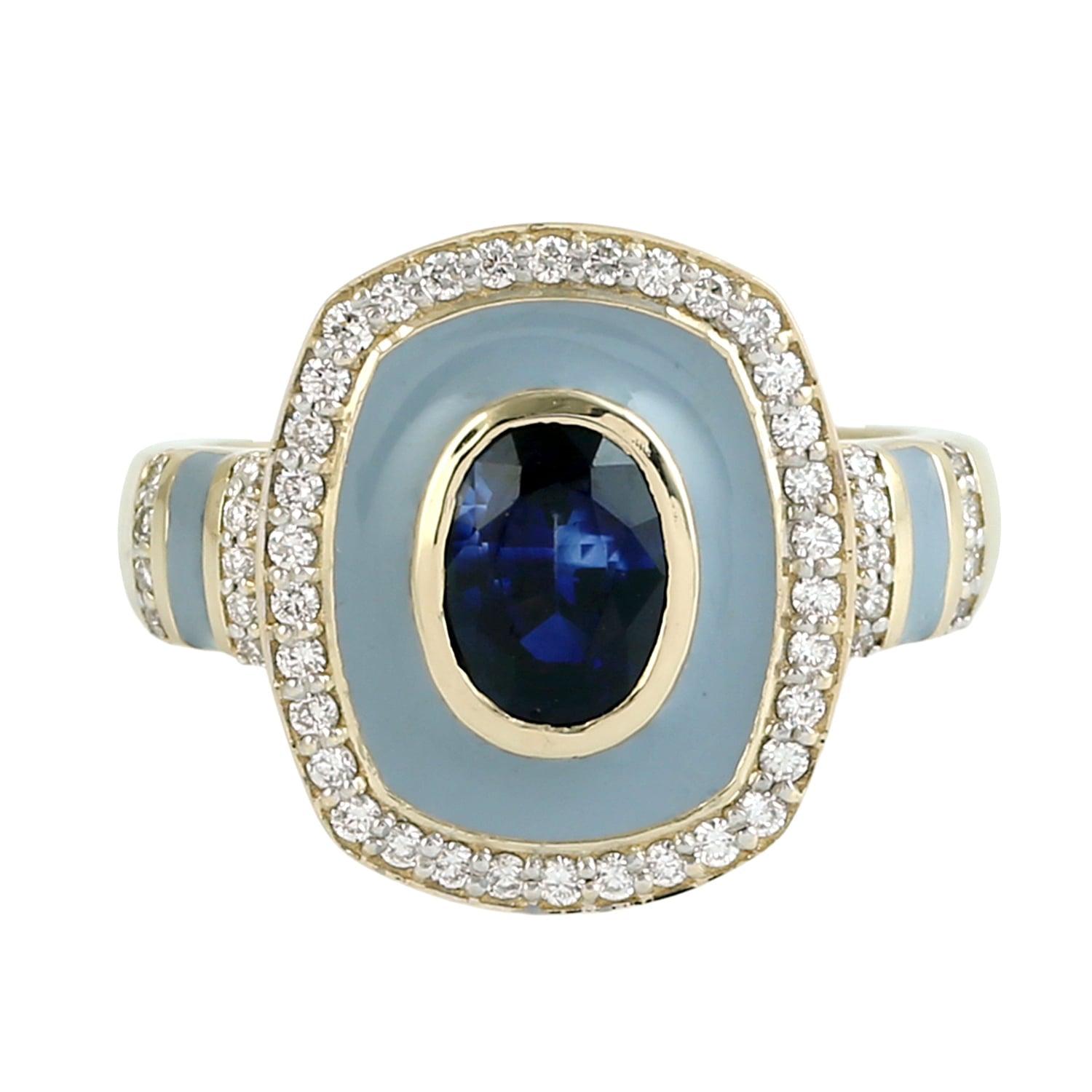 Blue Sapphire Gemstone Pave Diamond Enamel Cocktail Ring In Gold