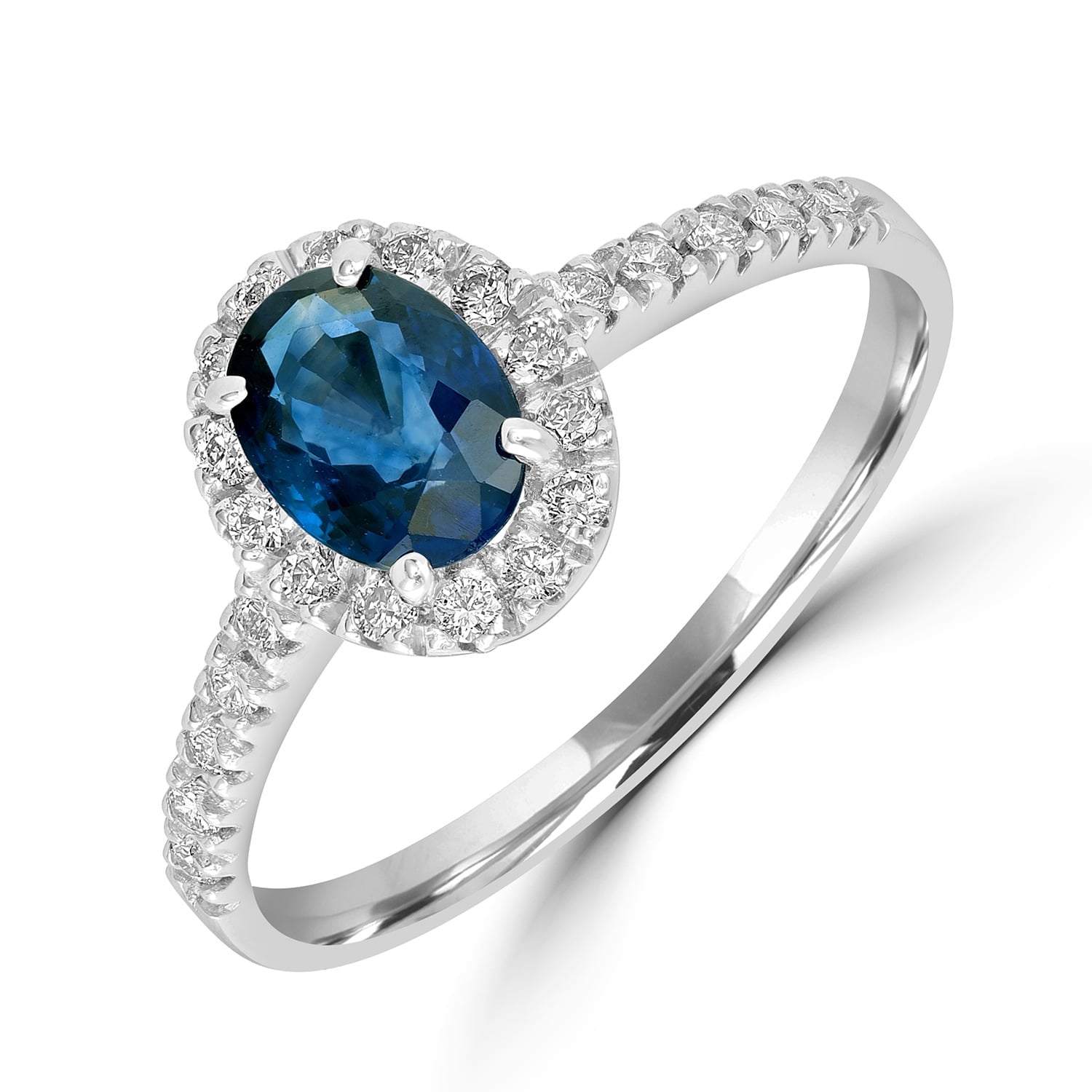 Oval Blue Sapphire And Diamond Halo Ring In 18K White Gold