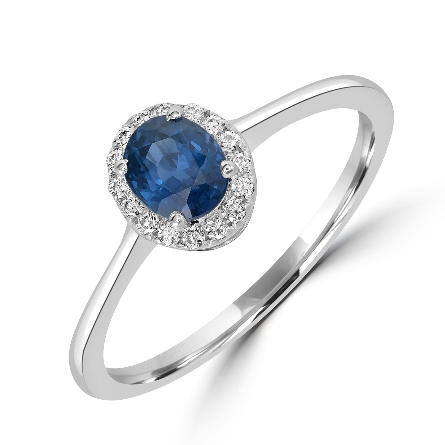 Minimalist 18K White Gold Ring With Blue Sapphire & Diamond Surround