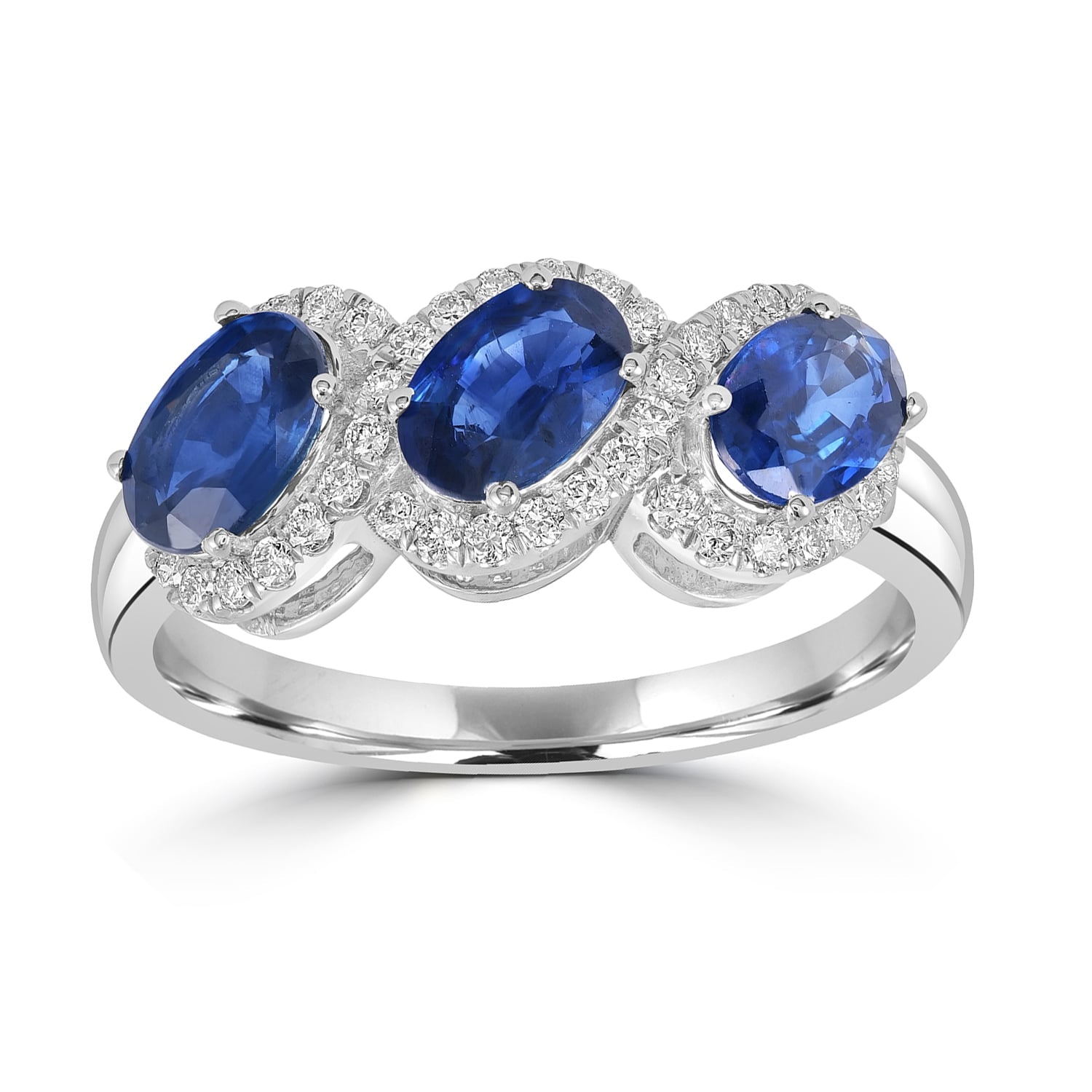Blue Sapphire Gemstone Pave Diamond Three Stone Band Ring In White Gold