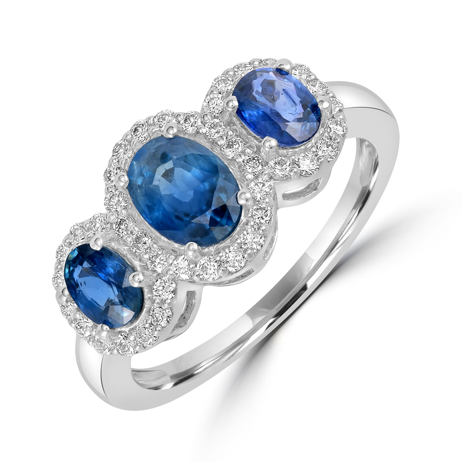 Triple Blue Sapphire And Diamond Halo Ring In 18K White Gold