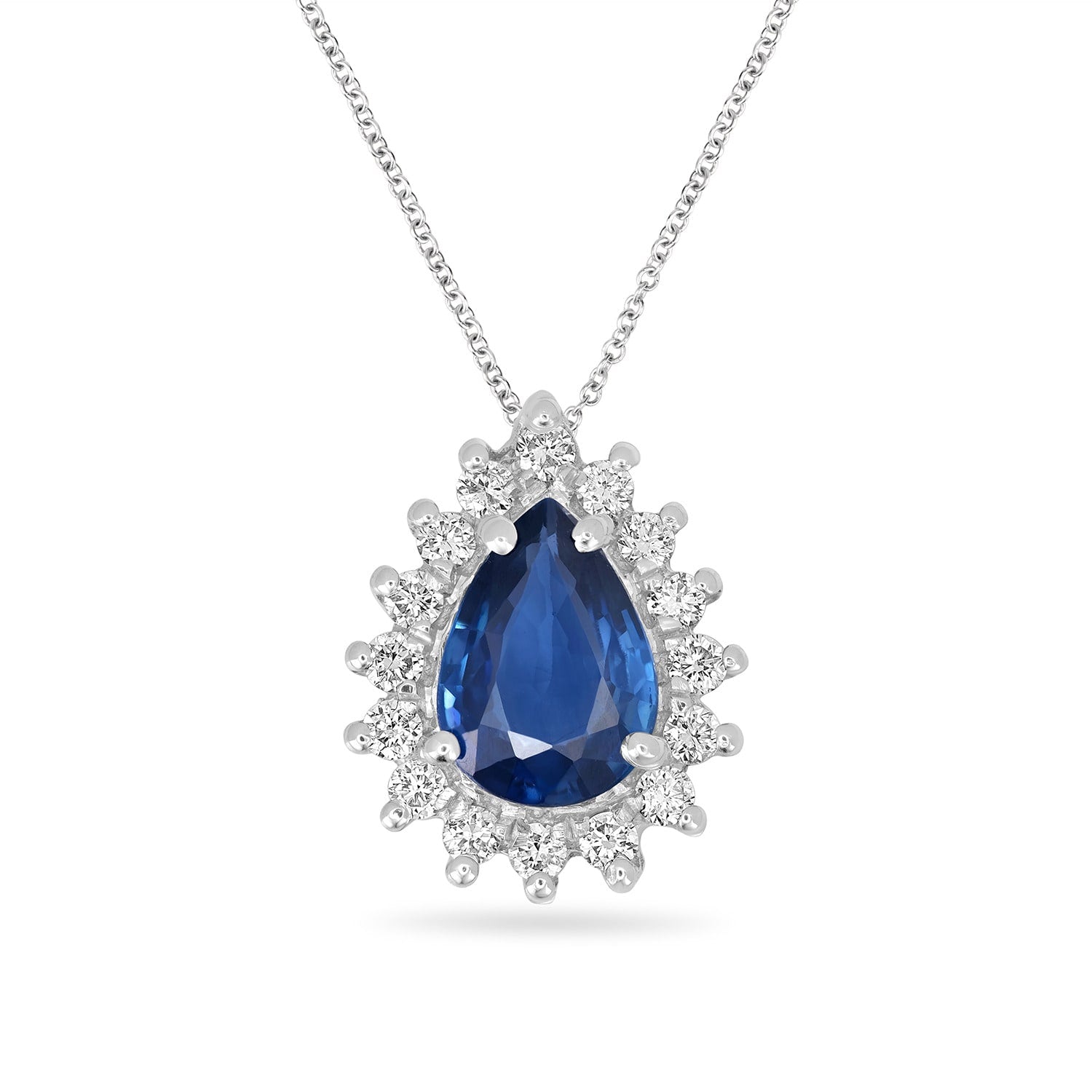 Blue Sapphire Pear Cut Pendant With Prong-Set Diamonds In 18K White Gold