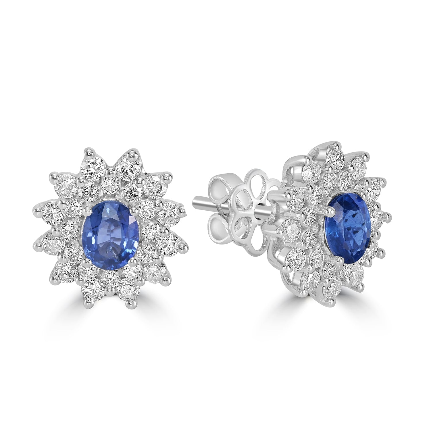 Blue Sapphire Gemstone Prong Diamond Stud Earrings In White Gold
