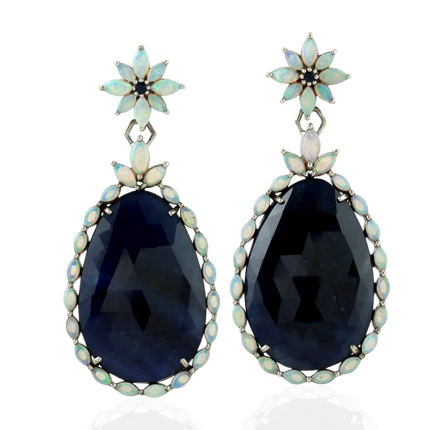 Blue Sapphire & Opal Ethiopian Gemstone Dangle Earrings In White Gold