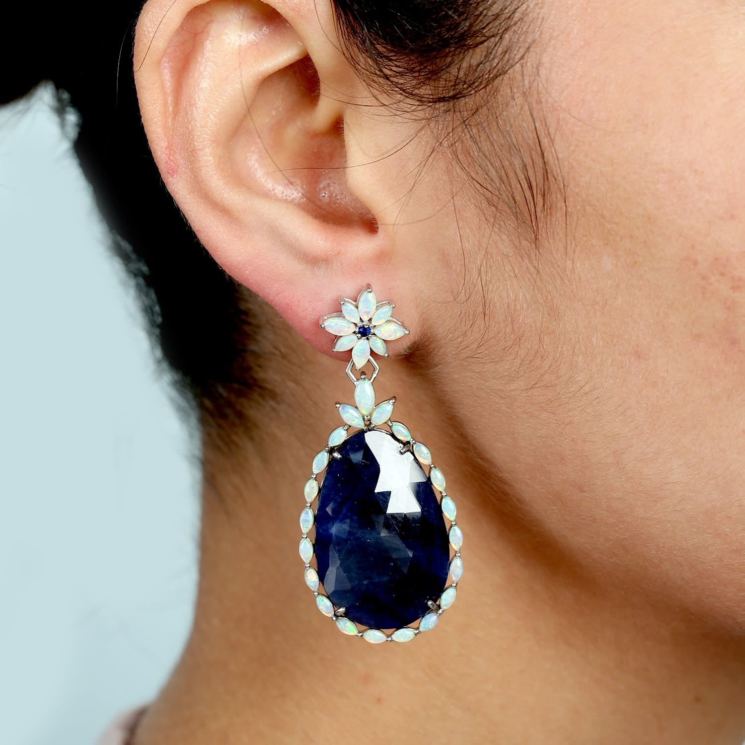 Blue Sapphire & Opal Ethiopian Gemstone Dangle Earrings In White Gold
