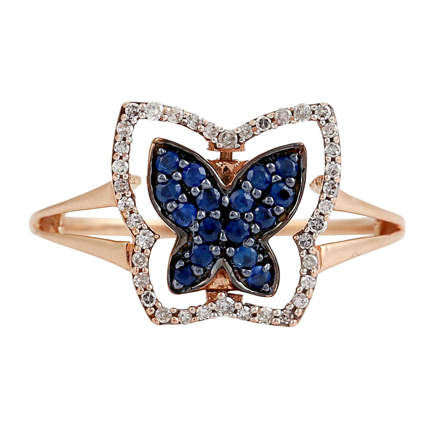 Blue Sapphire & Black And White Diamond Twisted Cocktail Ring In Rose Gold