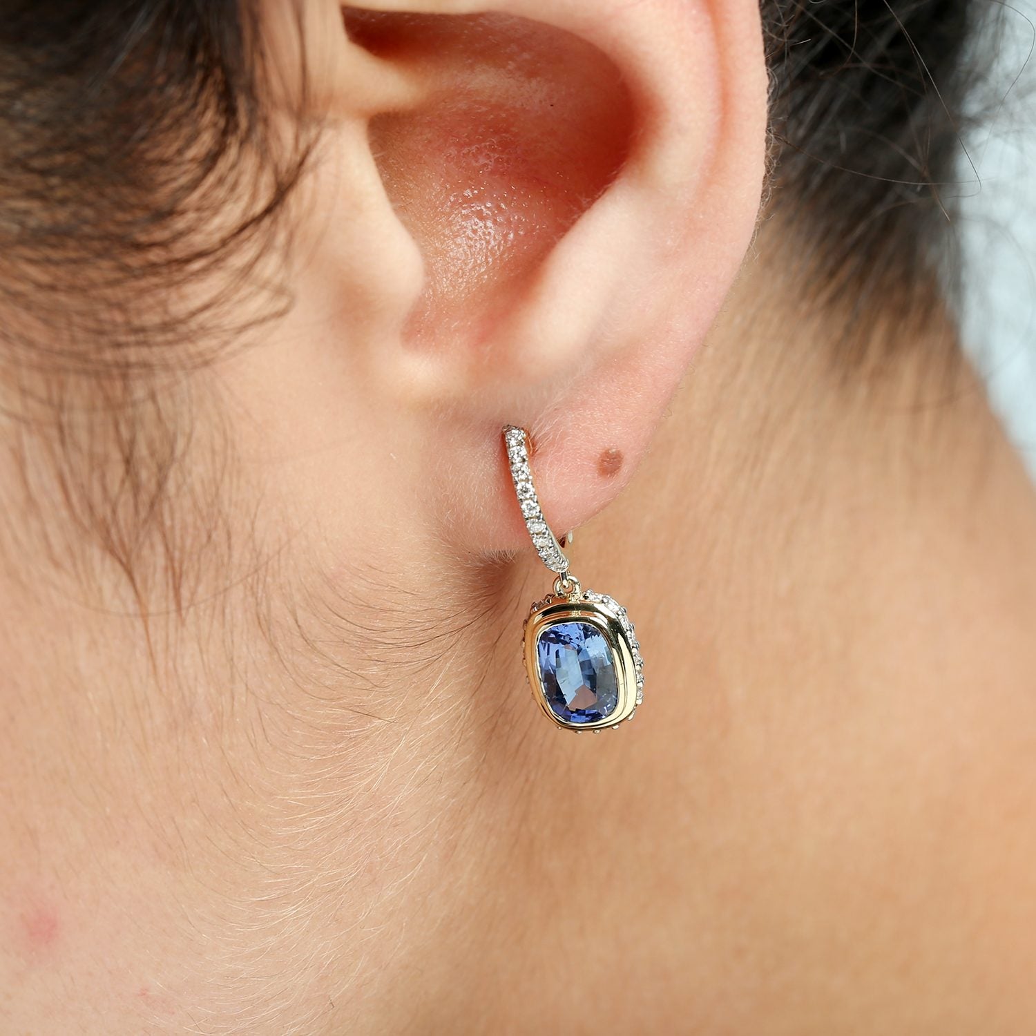 Blue Sapphire Pave Diamond Huggie Earrings In Gold