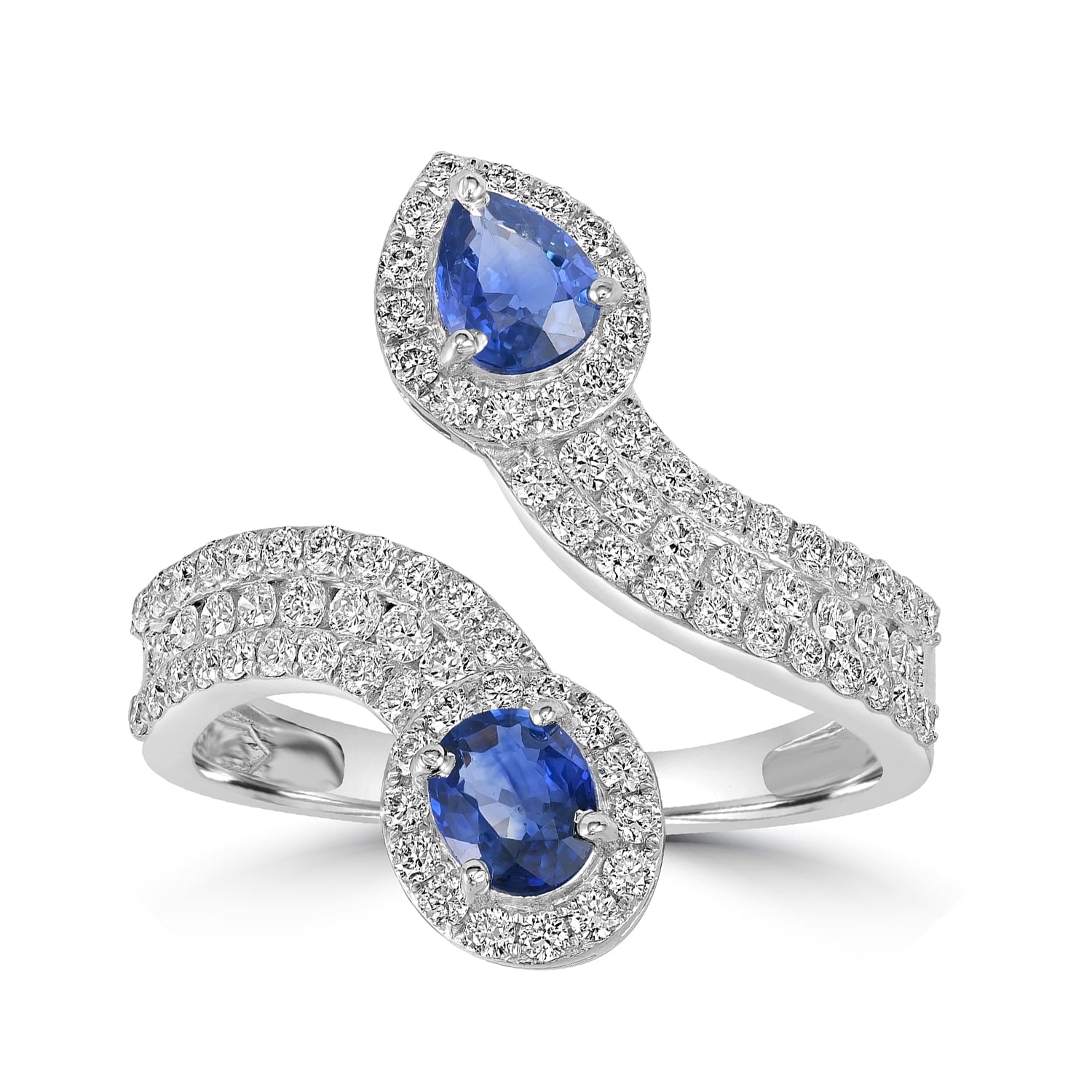 Blue Sapphire Pave Diamond Designer Bypass Ring In White Gold