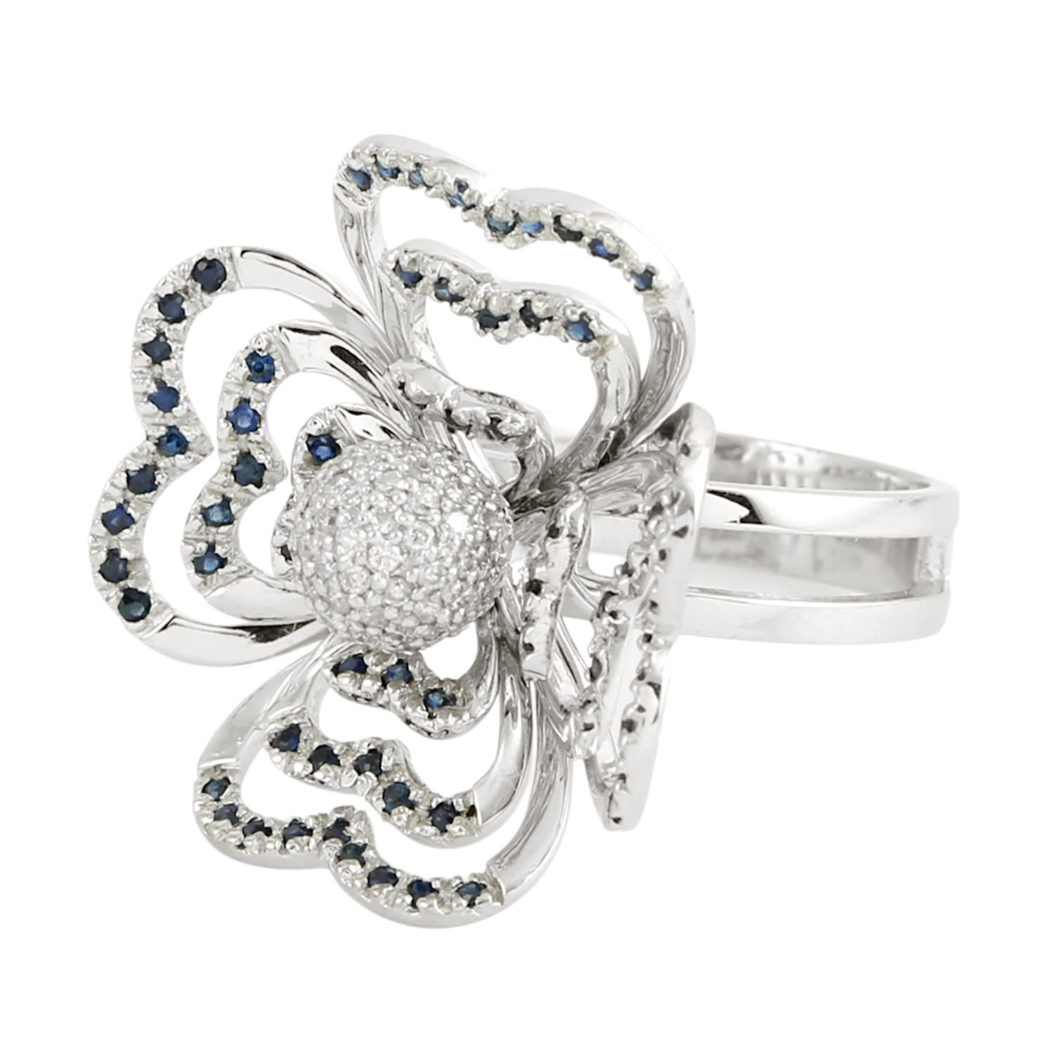 Natural Blue Sapphire & Diamond Flower Cocktail Ring In White Gold