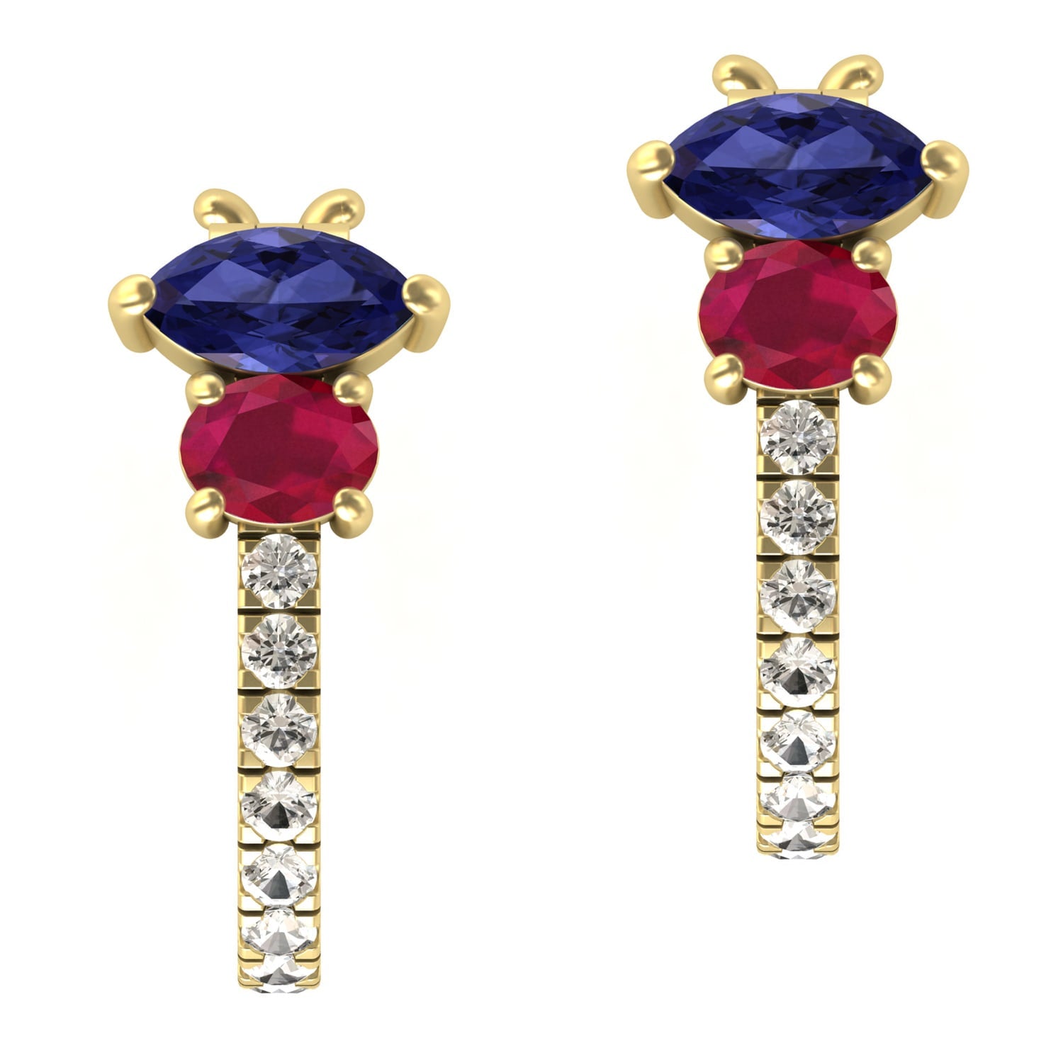 Blue Sapphire & Ruby Pave Diamond Hoop Earrings In Yellow Gold