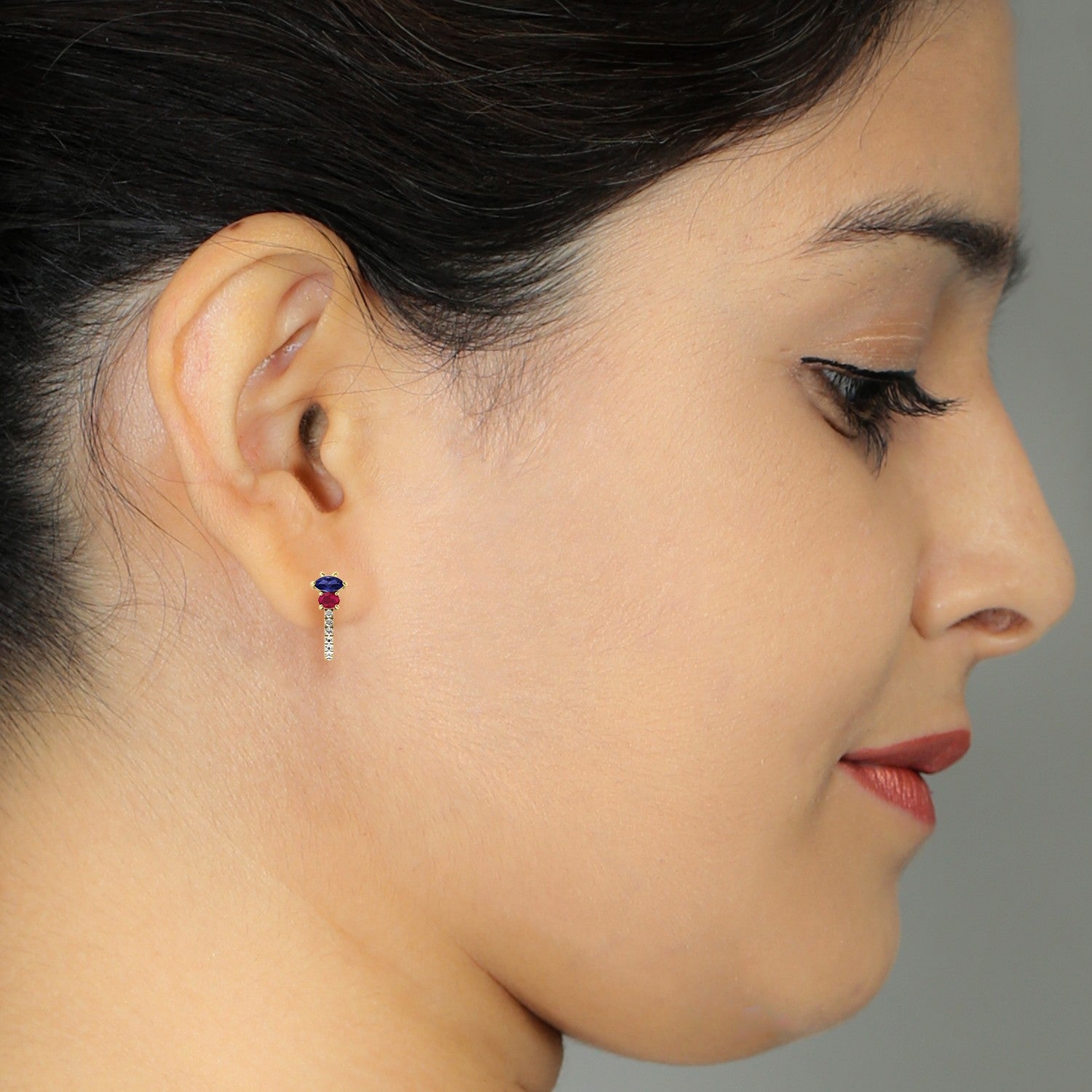 Blue Sapphire & Ruby Pave Diamond Hoop Earrings In Yellow Gold