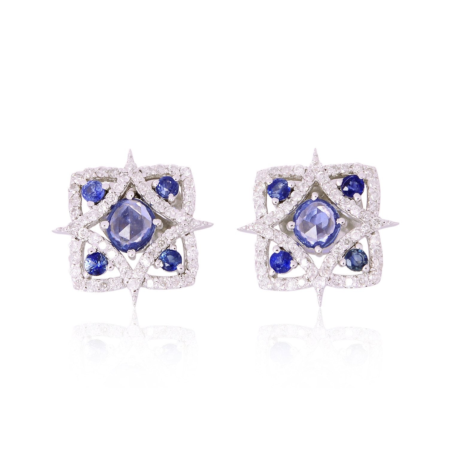 Blue Sapphire Star Stud Earrings In White Gold – Pave Diamond Fine Jewelry