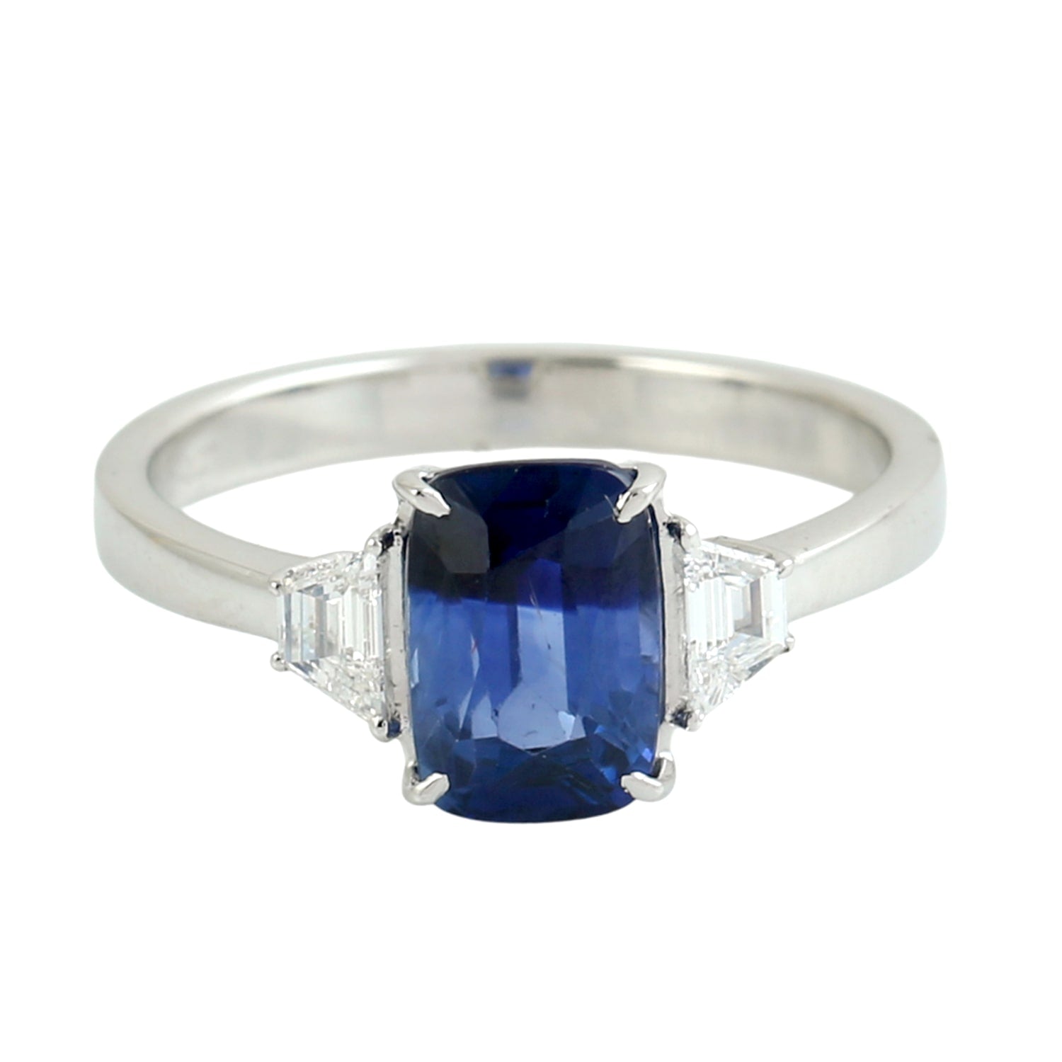 Blue Sapphire & Tapered Baguette Diamond Three Stone Ring In White Gold
