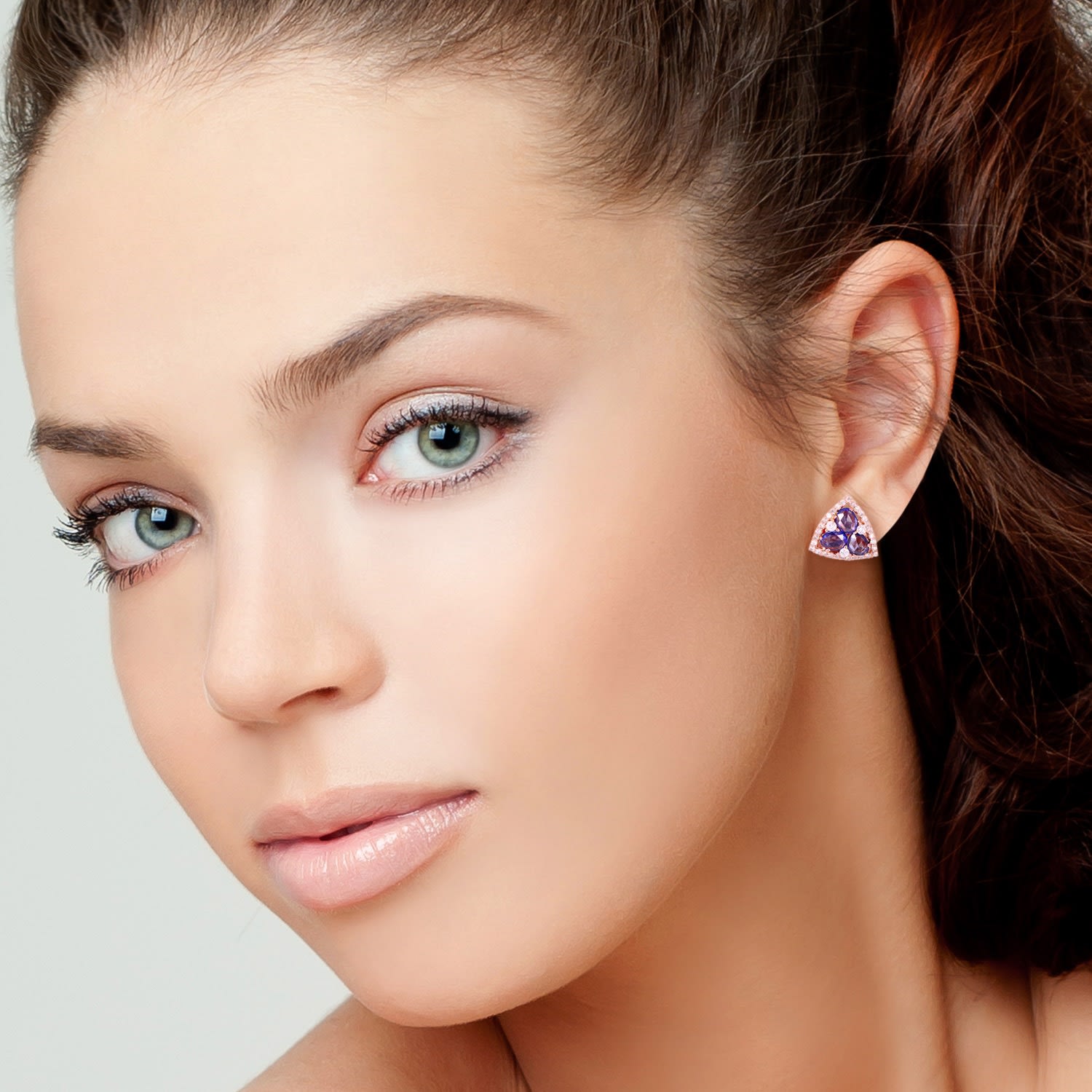 Blue Sapphire Triangle Stud Earrings In Rose Gold – Pave Diamond Geometric Jewelry